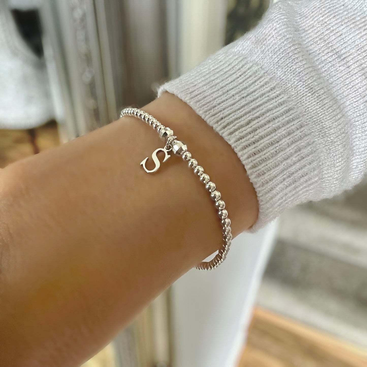 initial bracelet, sterling silver, bead bracelet, handmade gift, stretchy bracelet, gift for sister, gift for wife, INITIAL CHARM SB64