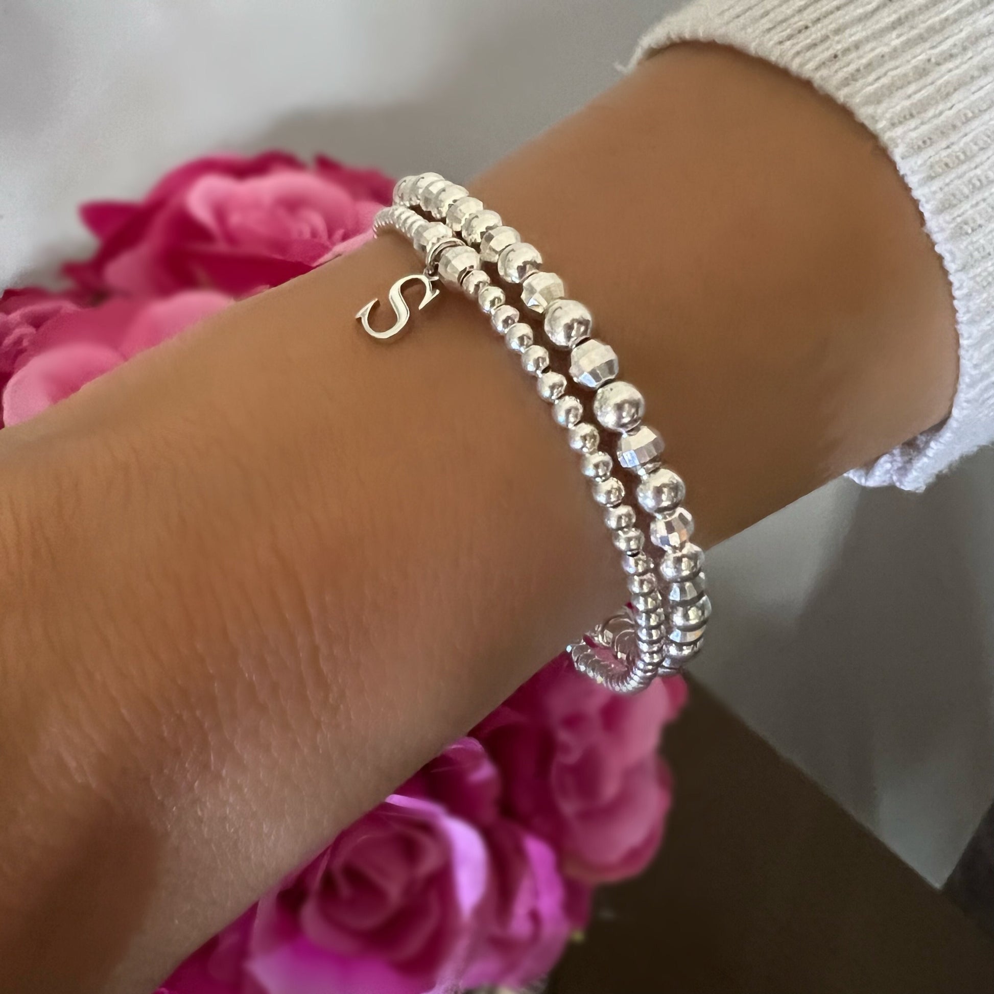 initial sterling silver beaded bracelet stack