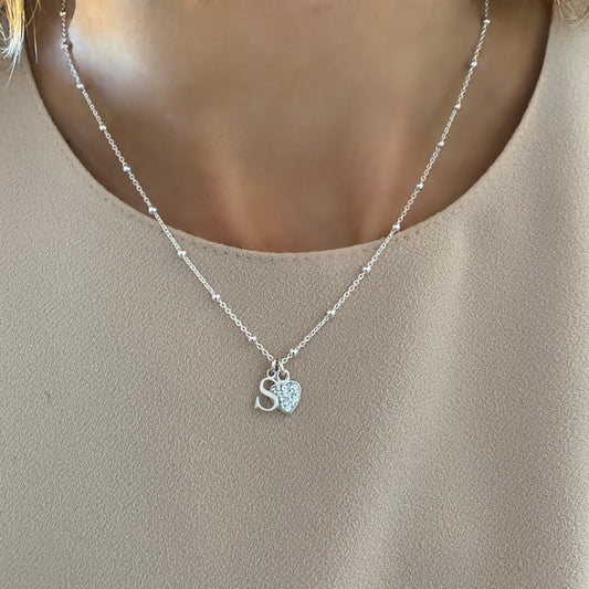initial necklace with crystal heart charm, letter necklace, monogram necklace, personalised jewellery, gifts, INITIAL Crystal Heart-SN35