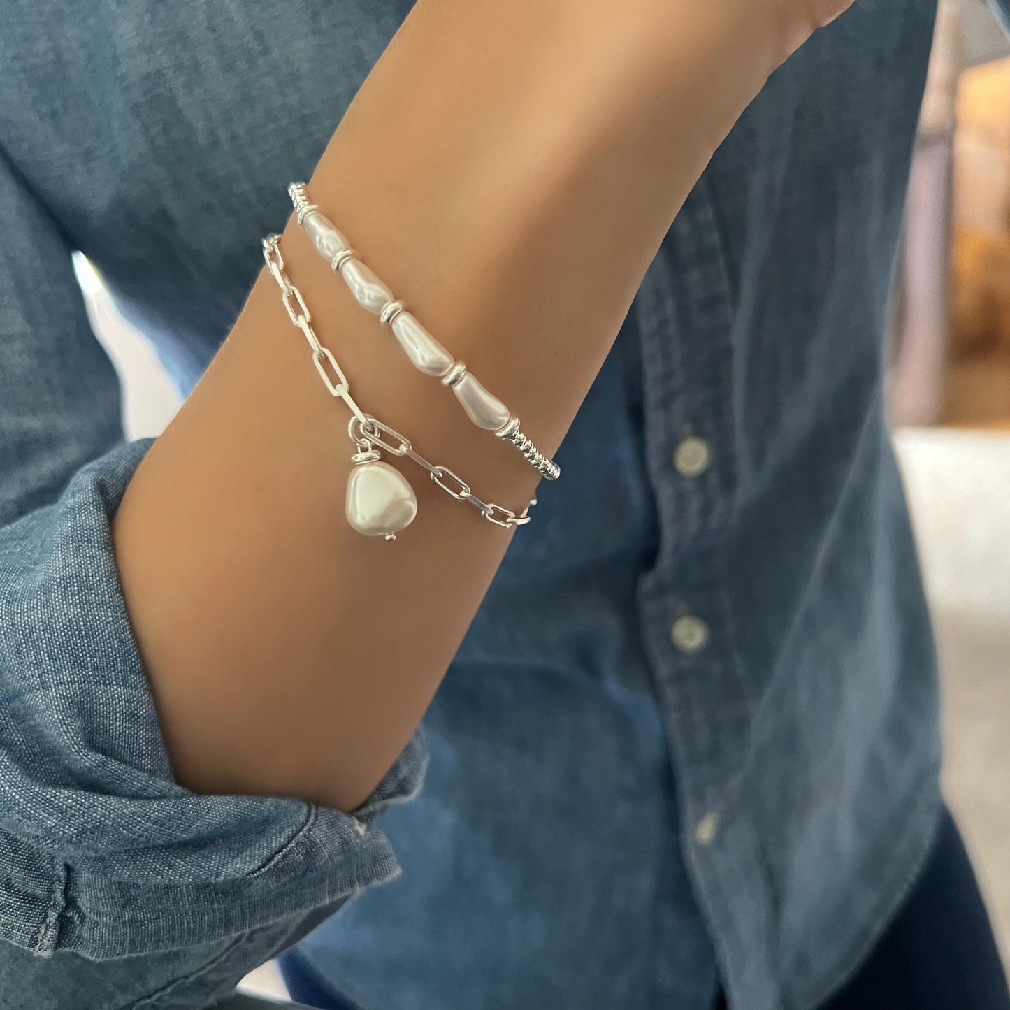 white baroque pearl bracelet, sterling silver, bead bracelet, handmade jewellery, stacking bracelet, gift for her, gift for mum REYA SBM21