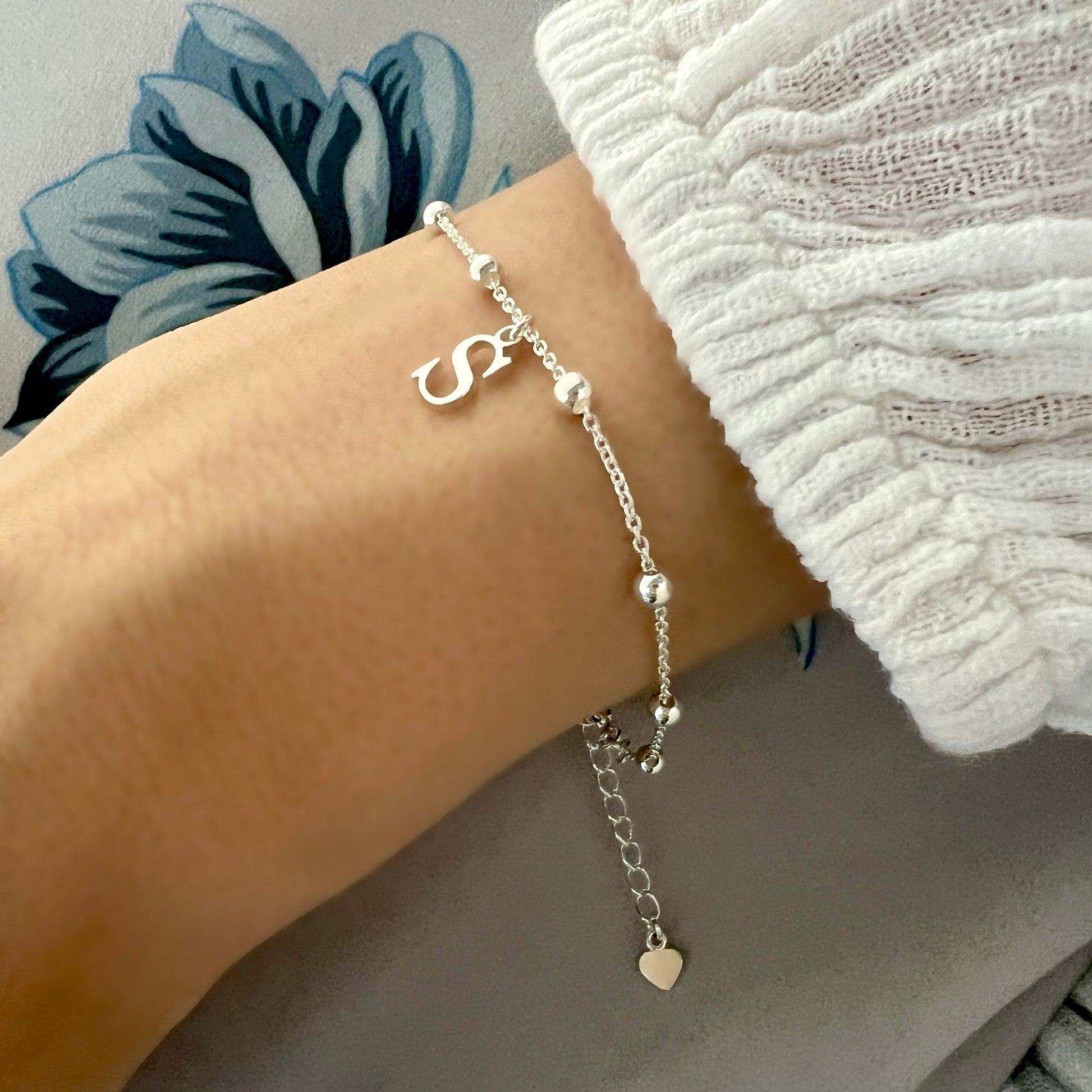 dainty initial bracelet, sterling silver, satellite chain, personalised, letter charm bracelet, bridesmaids gifts, Poppy Initial SBM23