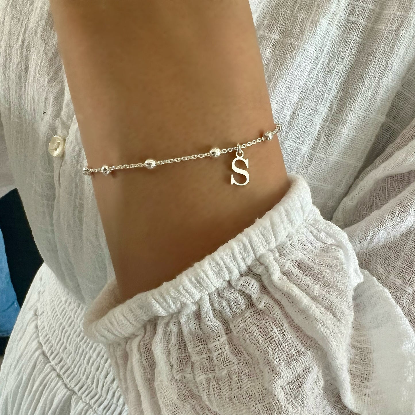 dainty initial bracelet, sterling silver, satellite chain, personalised, letter charm bracelet, bridesmaids gifts, Poppy Initial SBM23