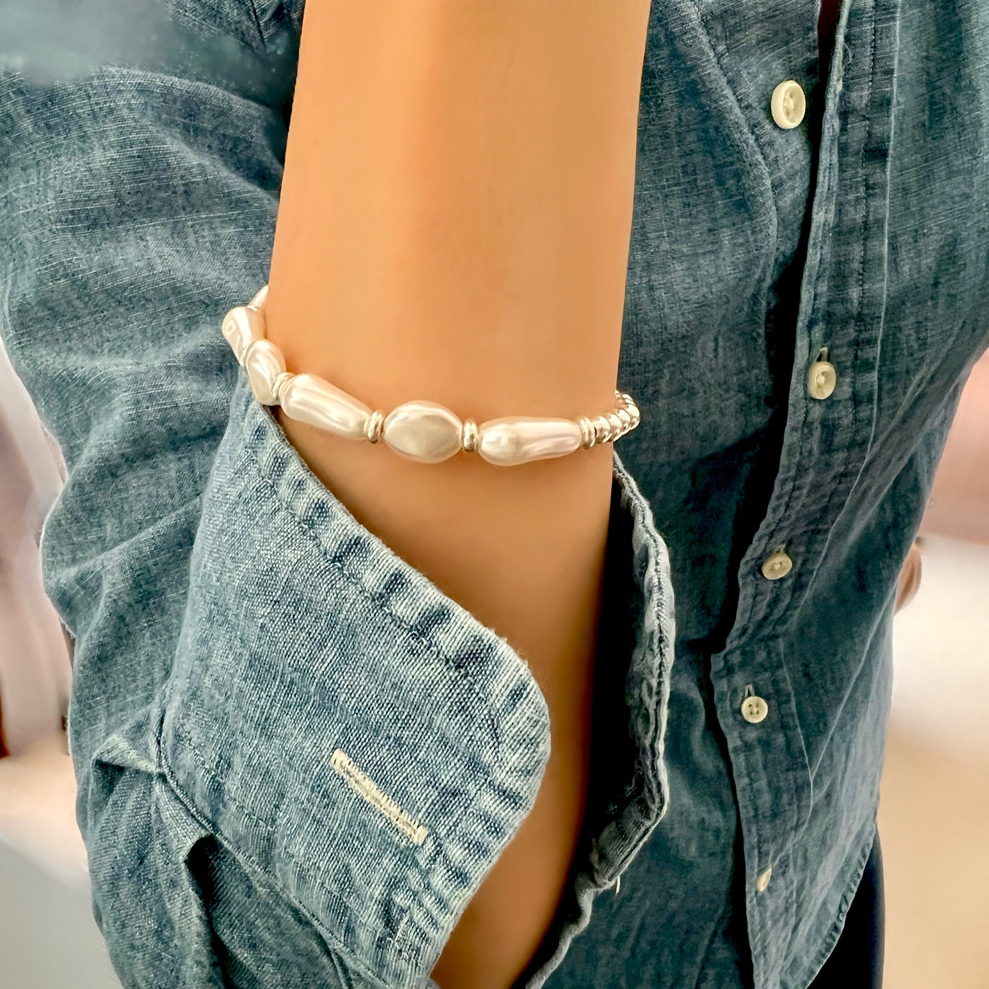 chunky white baroque pearl bracelet, sterling silver, bead bracelet, handmade jewellery, gift for her, gift for mum, Libby SBM22