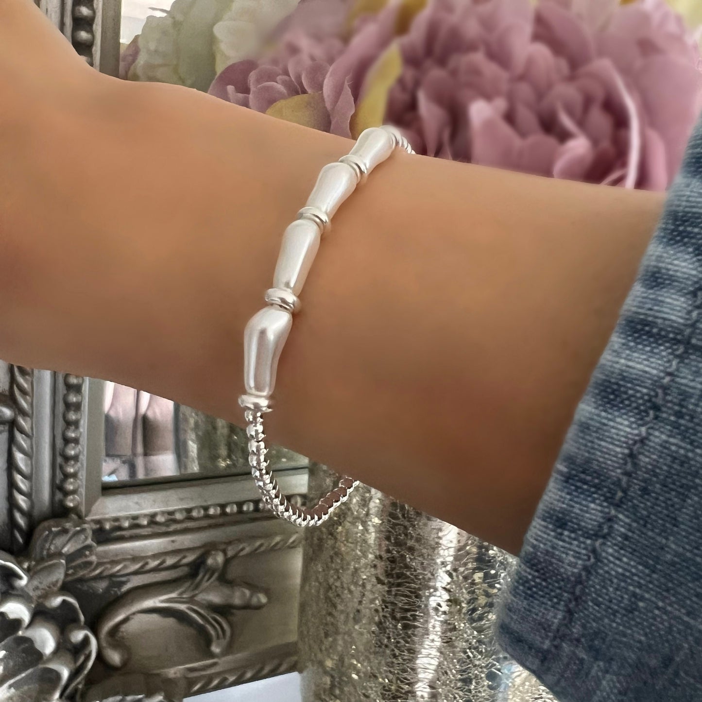 white baroque pearl bracelet, sterling silver, bead bracelet, handmade jewellery, stacking bracelet, gift for her, gift for mum REYA SBM21