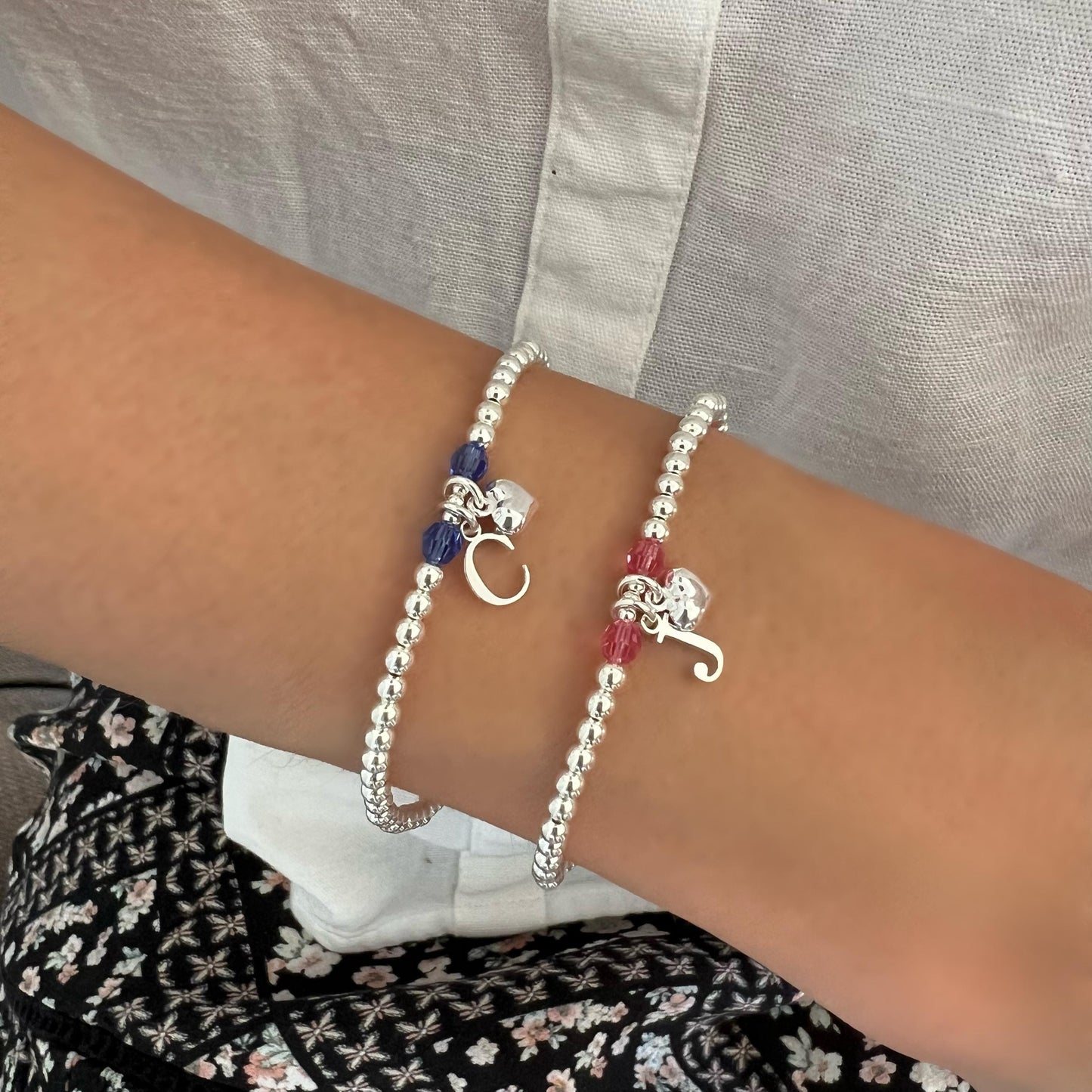 initial and birthstone bracelet, 18th birthday gift, stretchy bracelet, sterling silver, personalised gift, handmade, bead bracelet