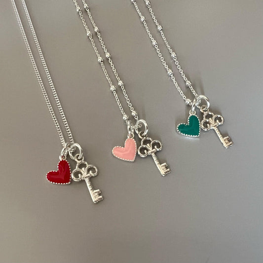 heart and key charm necklace, sterling silver, birthday gift, minimalist, gift for wife, gift for sister, ball chain, ELLA key to my Heart