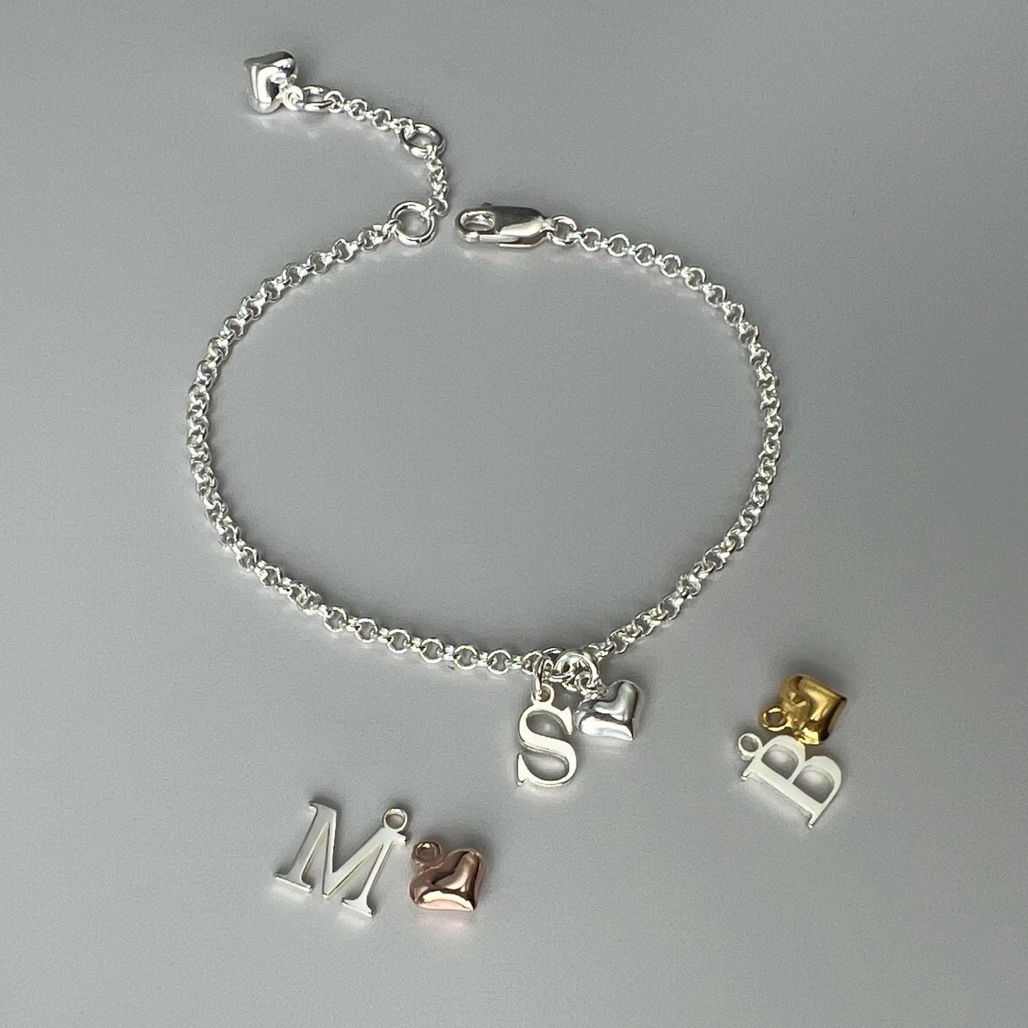 initial and heart charm bracelet, personalised jewellery, letter charm bracelet, gifts for women, bridesmaids gifts, HANNA HEART-SB72
