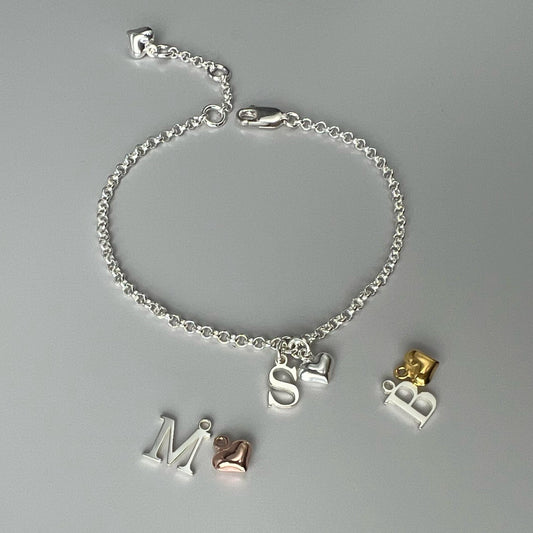 initial and heart charm bracelet, personalised jewellery, letter charm bracelet, gifts for women, bridesmaids gifts, HANNA HEART-SB72