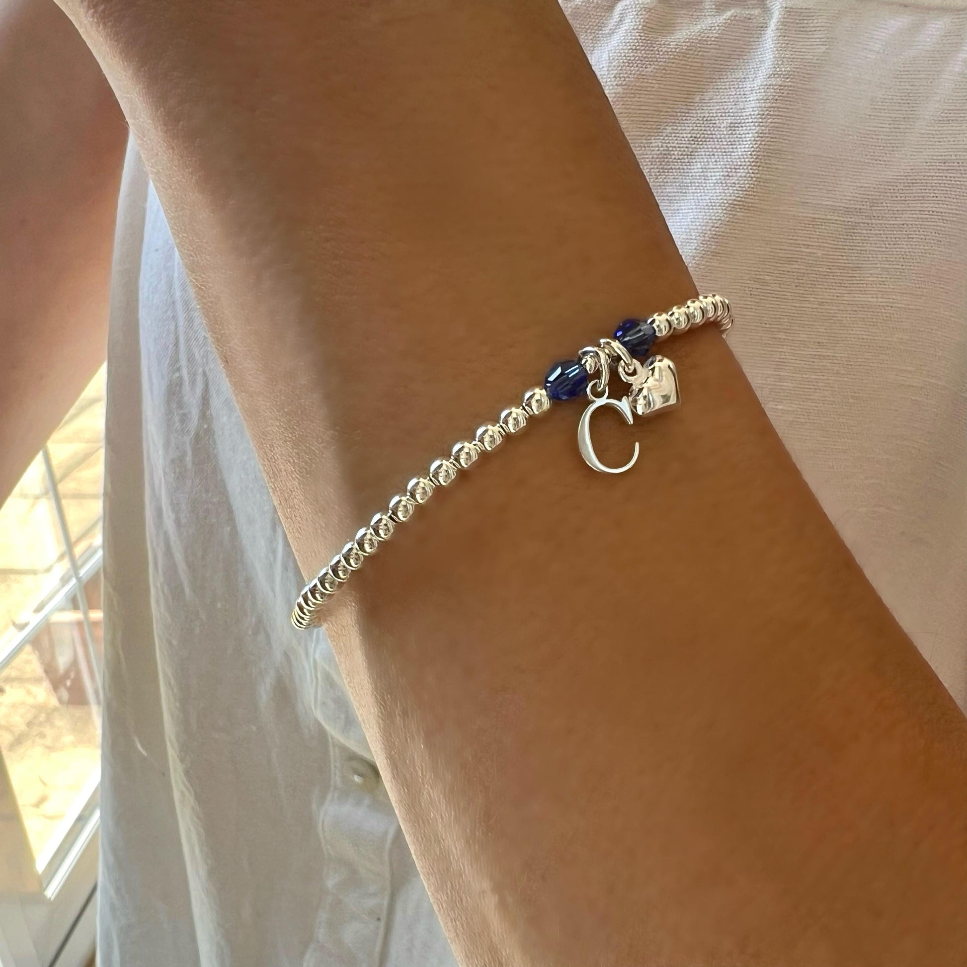 initial and birthstone bracelet, 18th birthday gift, stretchy bracelet, sterling silver, personalised gift, handmade, bead bracelet