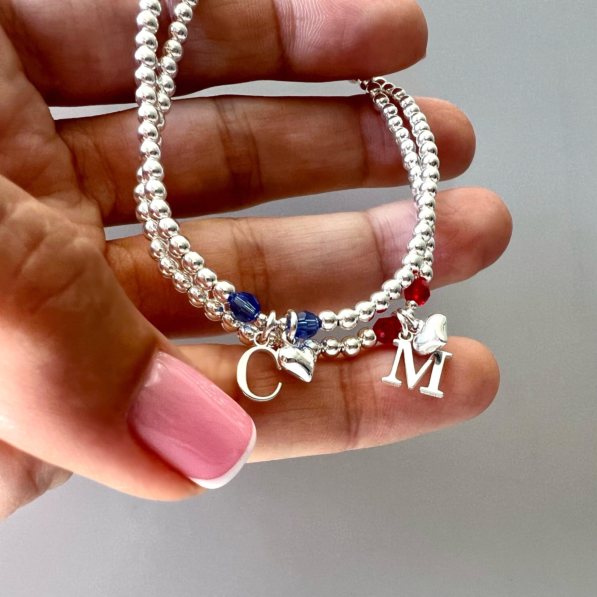 initial and birthstone bracelet, 18th birthday gift, stretchy bracelet, sterling silver, personalised gift, handmade, bead bracelet