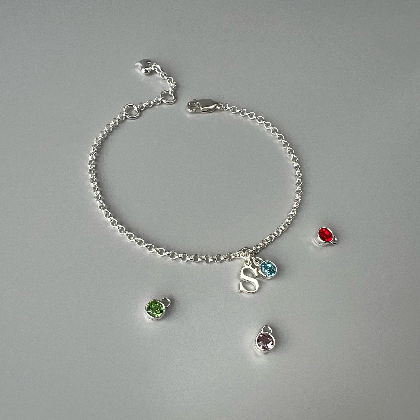 birthstone and initial sterling silver bracelet, personalised jewellery, monogram bracelet,18th birthday gift, HANNA Initial&Birthstone-SB71