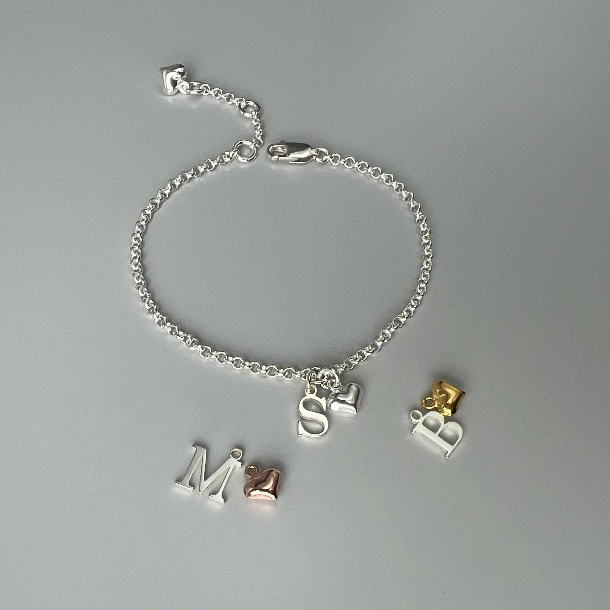 initial bracelet, personalised jewellery, letter charm bracelet, sterling silver chain bracelet, bridesmaids gifts, HANNA HEART-SB72