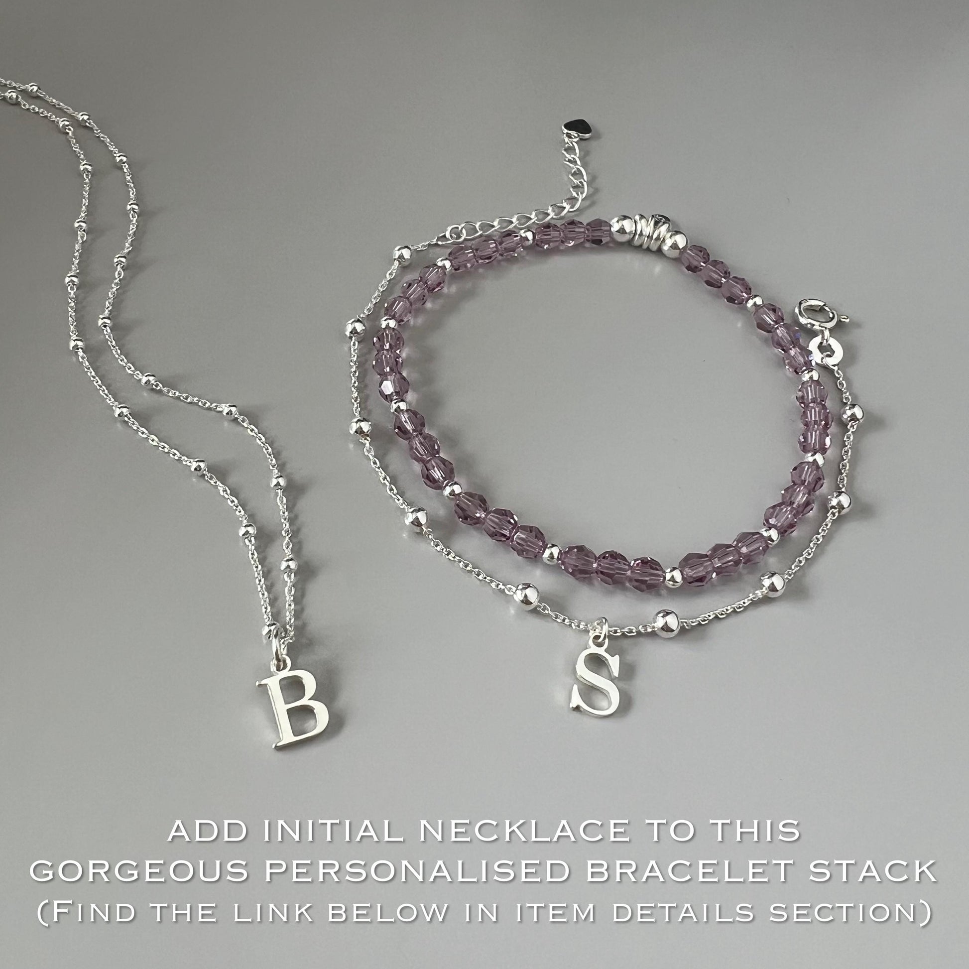 initial and birthstone bracelet stack, sterling silver, jewellery set, bracelet for women, birthday gift, handmade, minimalist, gift for her