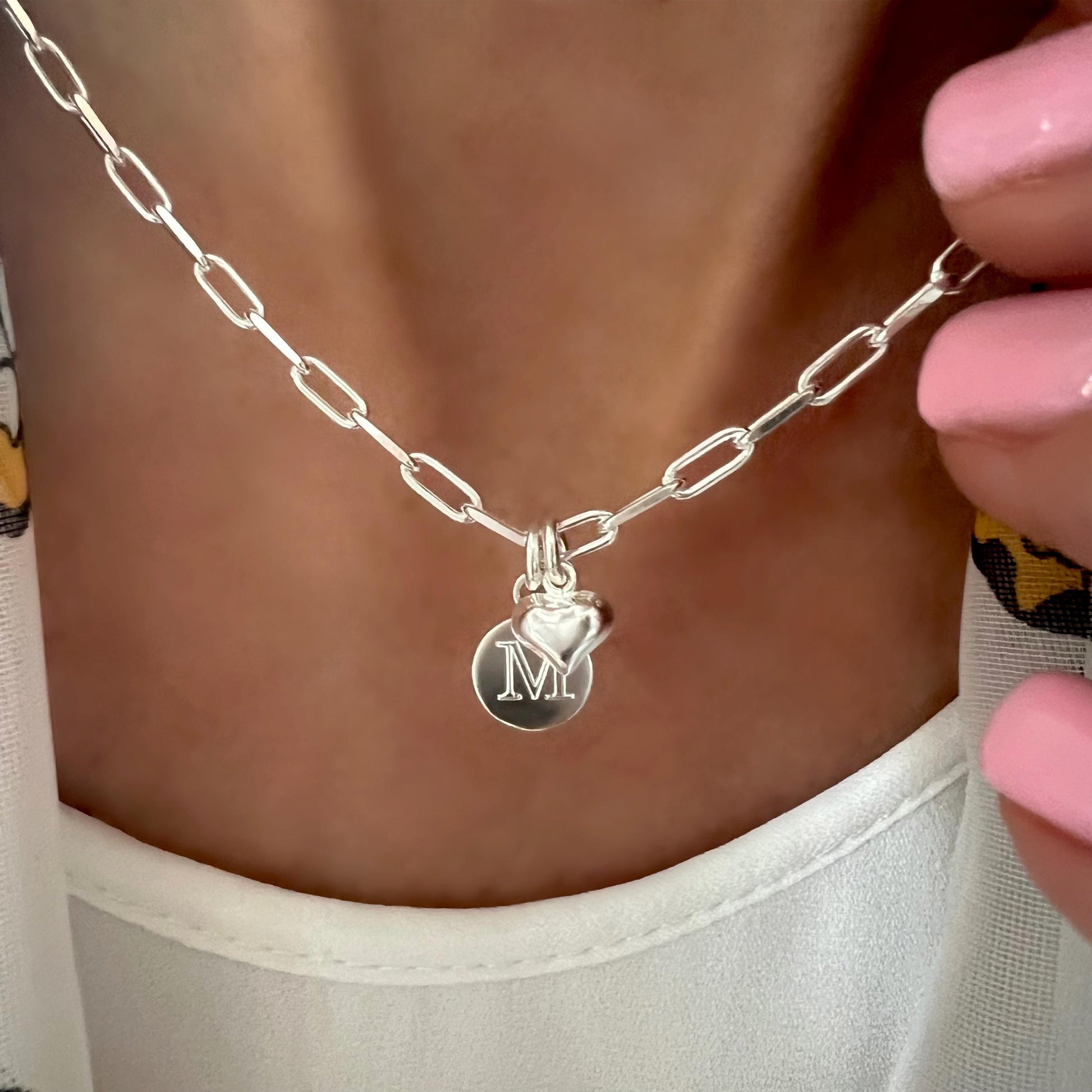 engraved initial necklace, custom letter necklace, birthday gift, personalised, paperclip chain, gift for mum, monogram charm, DEYA Heart