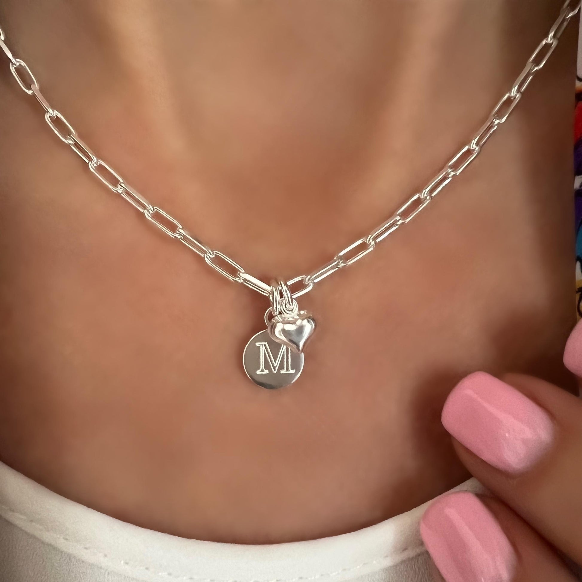 engraved initial necklace, custom letter necklace, birthday gift, personalised, paperclip chain, gift for mum, monogram charm, DEYA Heart