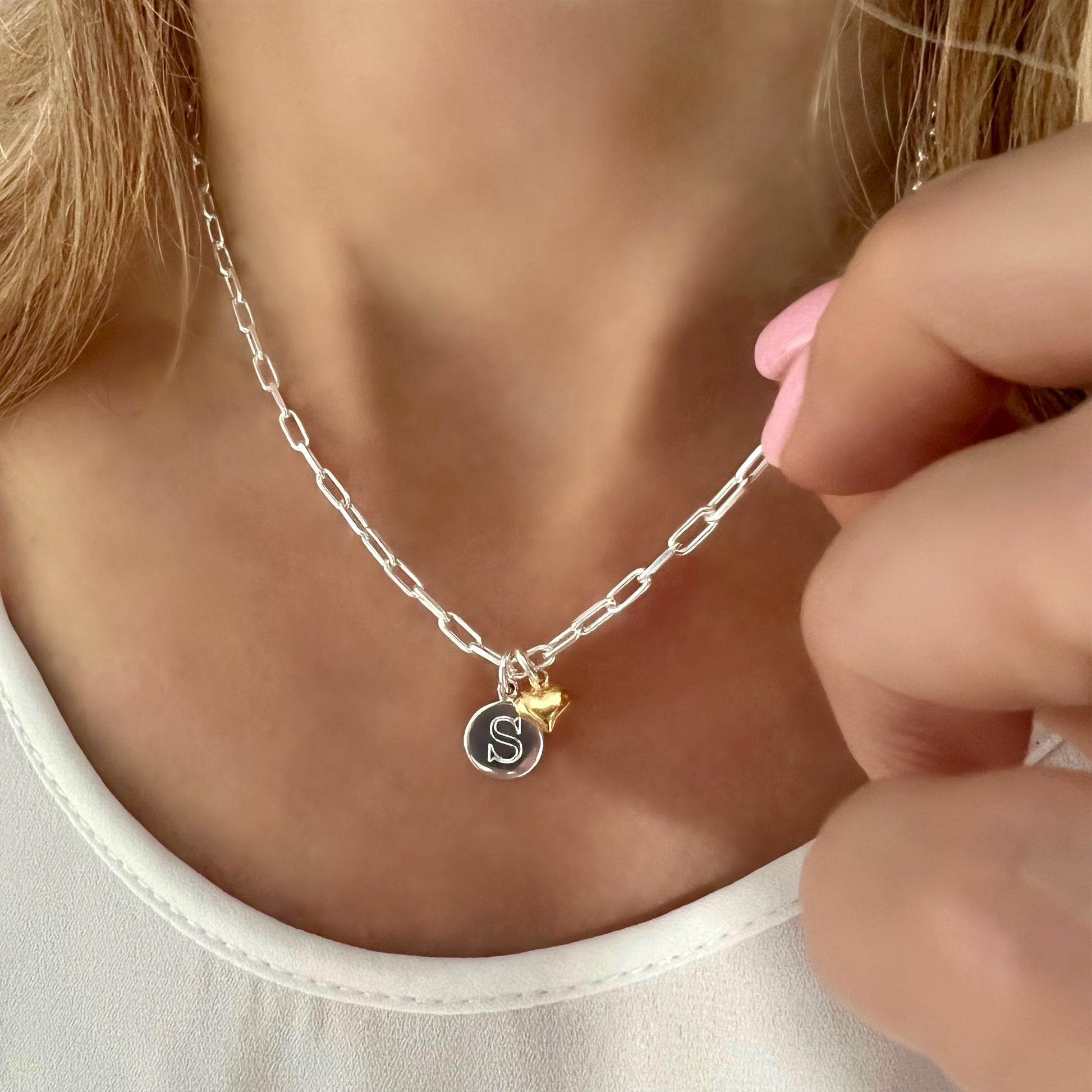 engraved initial necklace, custom letter necklace, birthday gift, personalised, paperclip chain, gift for mum, monogram charm, DEYA Heart