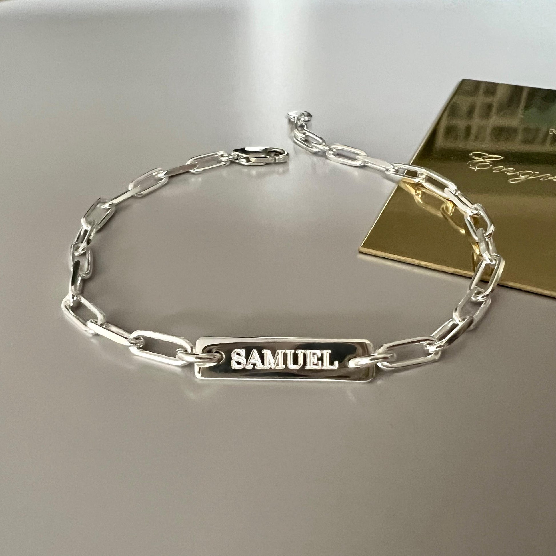 engraved name bar bracelet, nameplate sterling silver, paperclip chain, personalised, minimalist, 18th birthday gift, gift for women, SBE03
