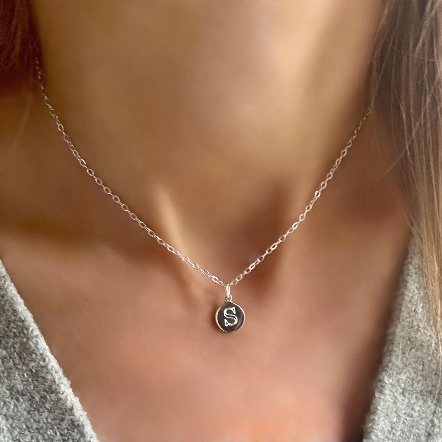 personalised necklace, new mum gift, dainty initial, minimalist engraved initial disc, sterling silver, gift for mum, birthday gift, SNE05