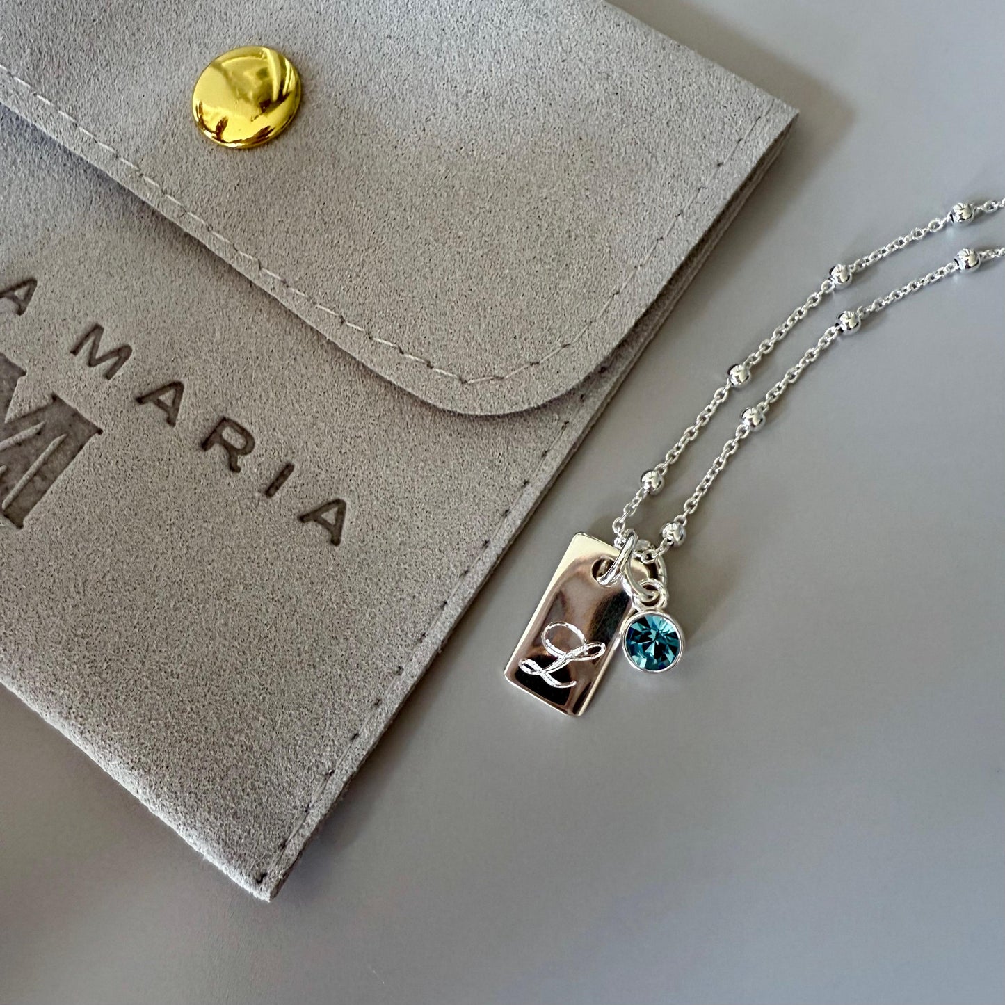 birthstone and initial necklace for her, sterling silver, engraved tag initial, monogram necklace for birthday gift, gift for mum, SNE06
