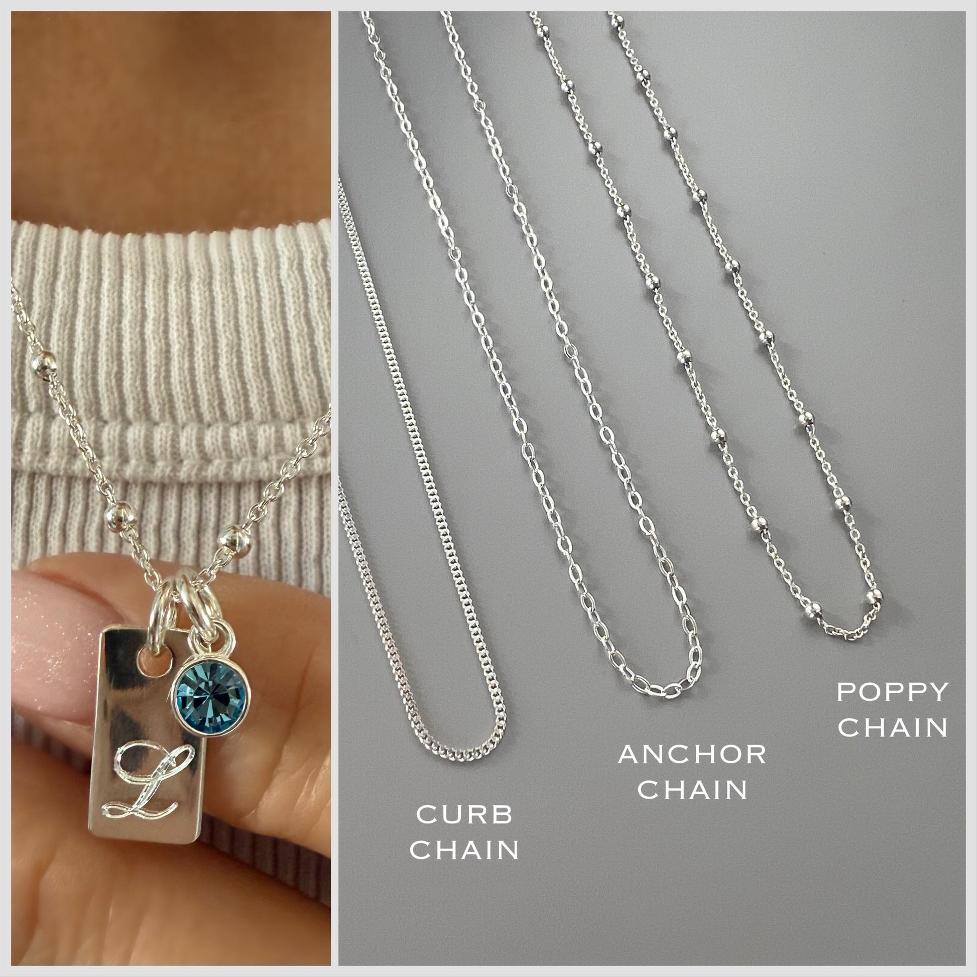 birthstone and initial necklace for her, sterling silver, engraved tag initial, monogram necklace for birthday gift, gift for mum, SNE06