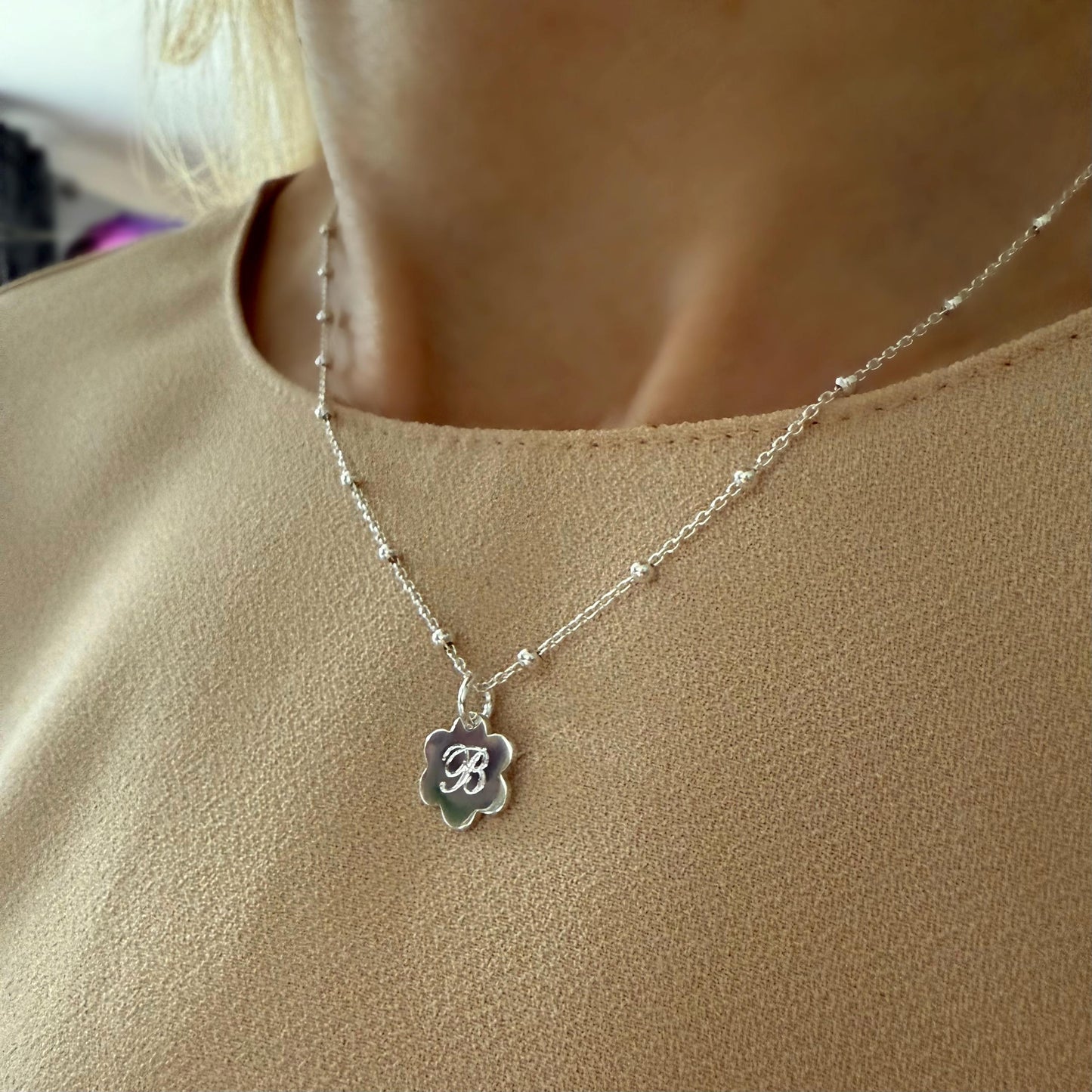 dainty initial necklace, sterling silver, engraved disc initial, personalised birthday gift, custom letter, unique, Daisy Mini SNE07