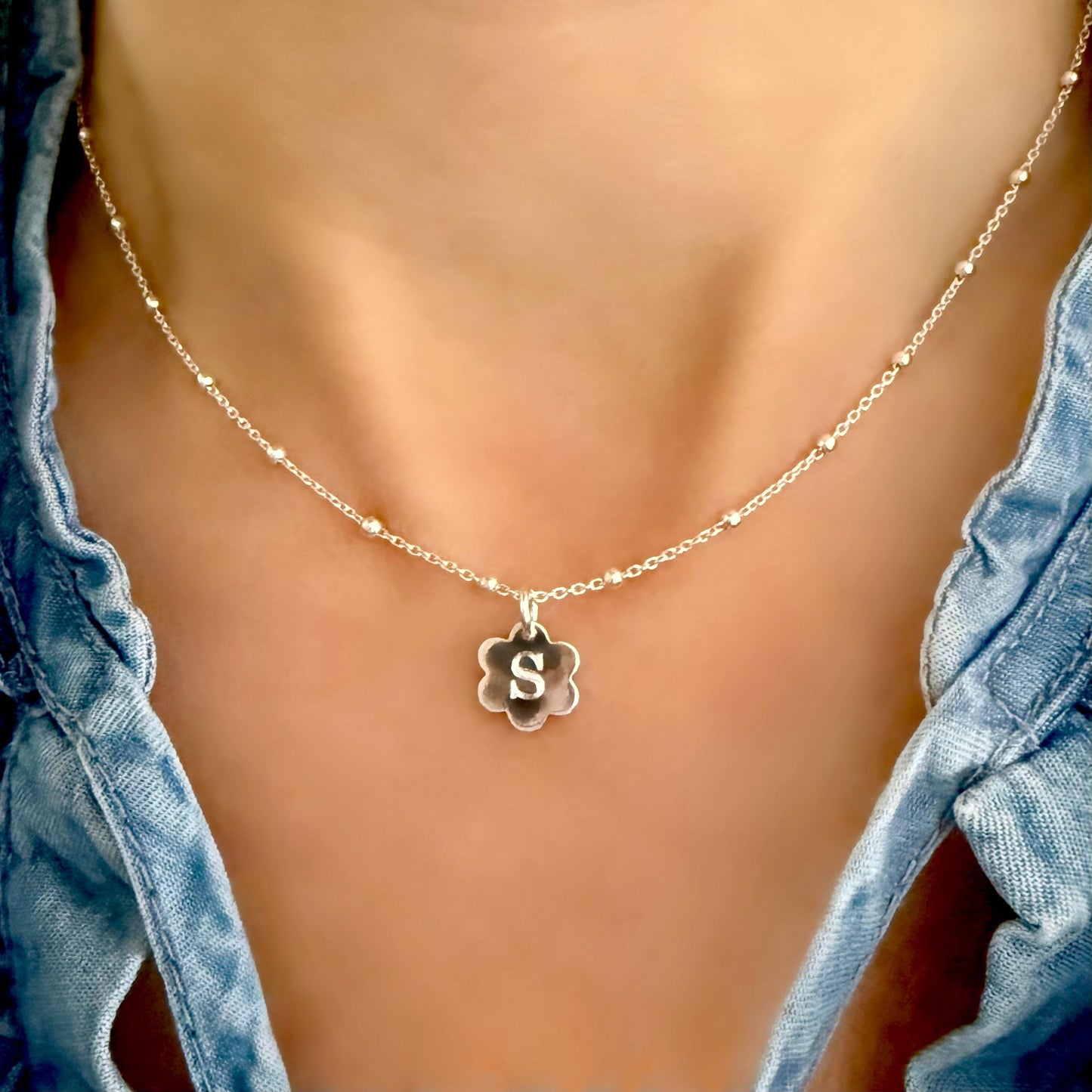 dainty initial necklace, sterling silver, engraved disc initial, personalised birthday gift, custom letter, unique, Daisy Mini SNE07