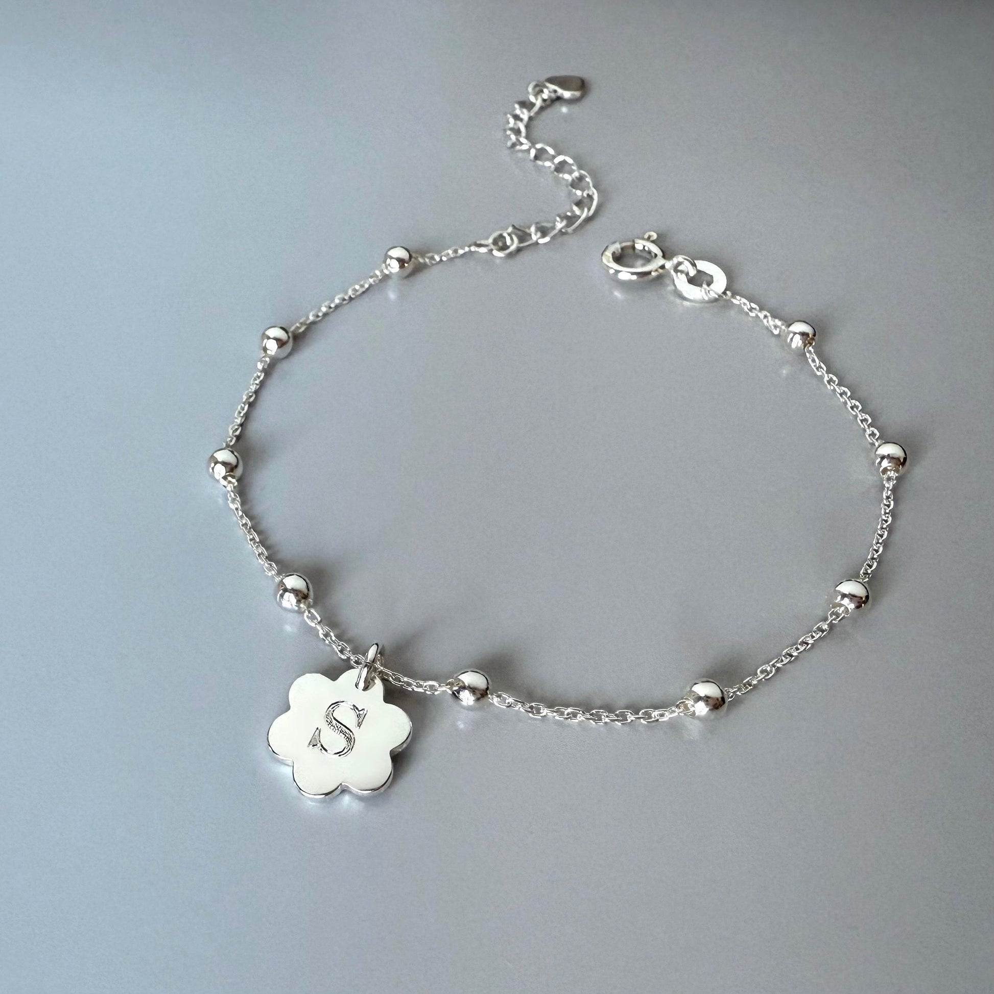 dainty initial bracelet, sterling silver, satellite chain, personalised gift, letter charm bracelet, 18th birthday, Daisy Initial SBE08