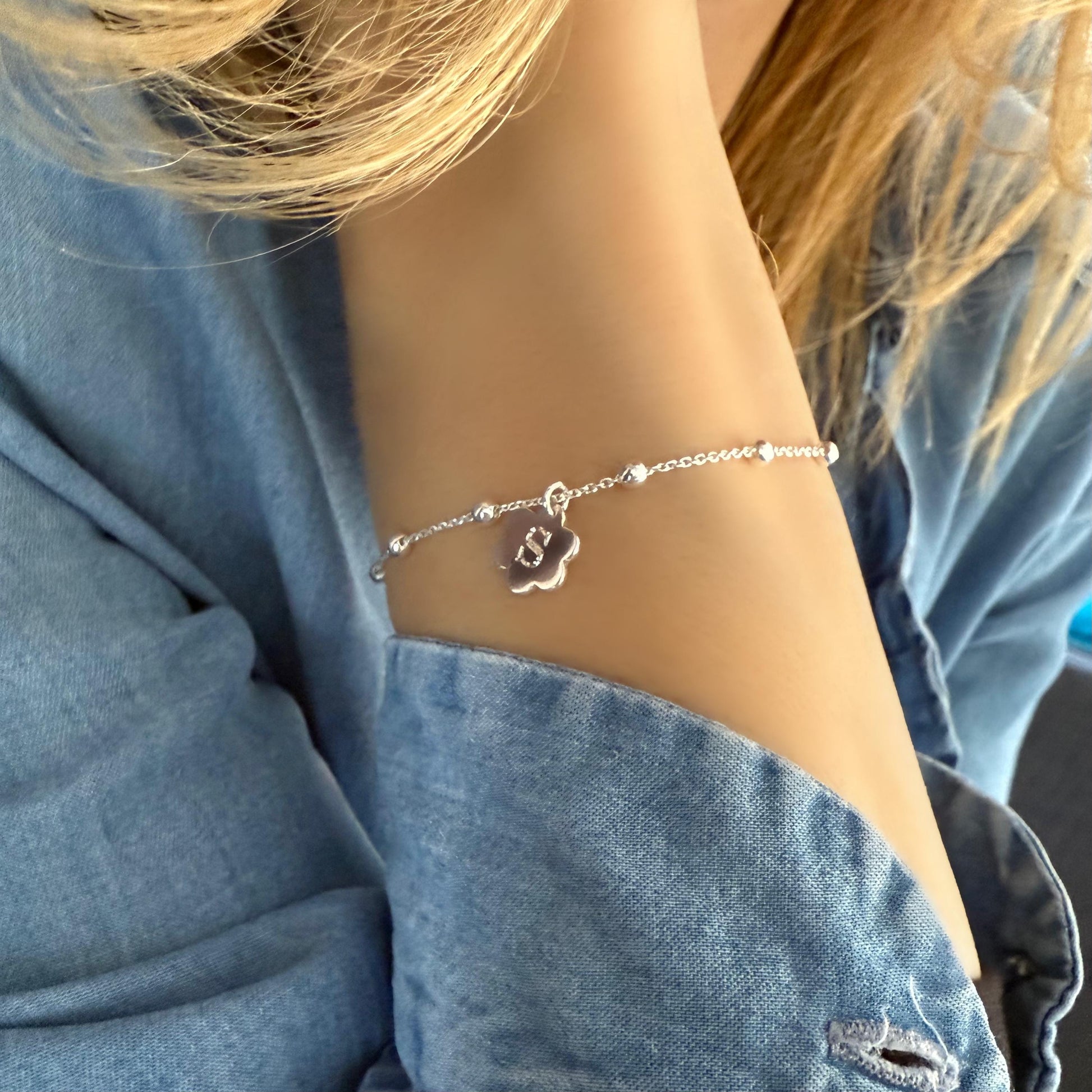dainty initial bracelet, sterling silver, satellite chain, personalised gift, letter charm bracelet, 18th birthday, Daisy Initial SBE08