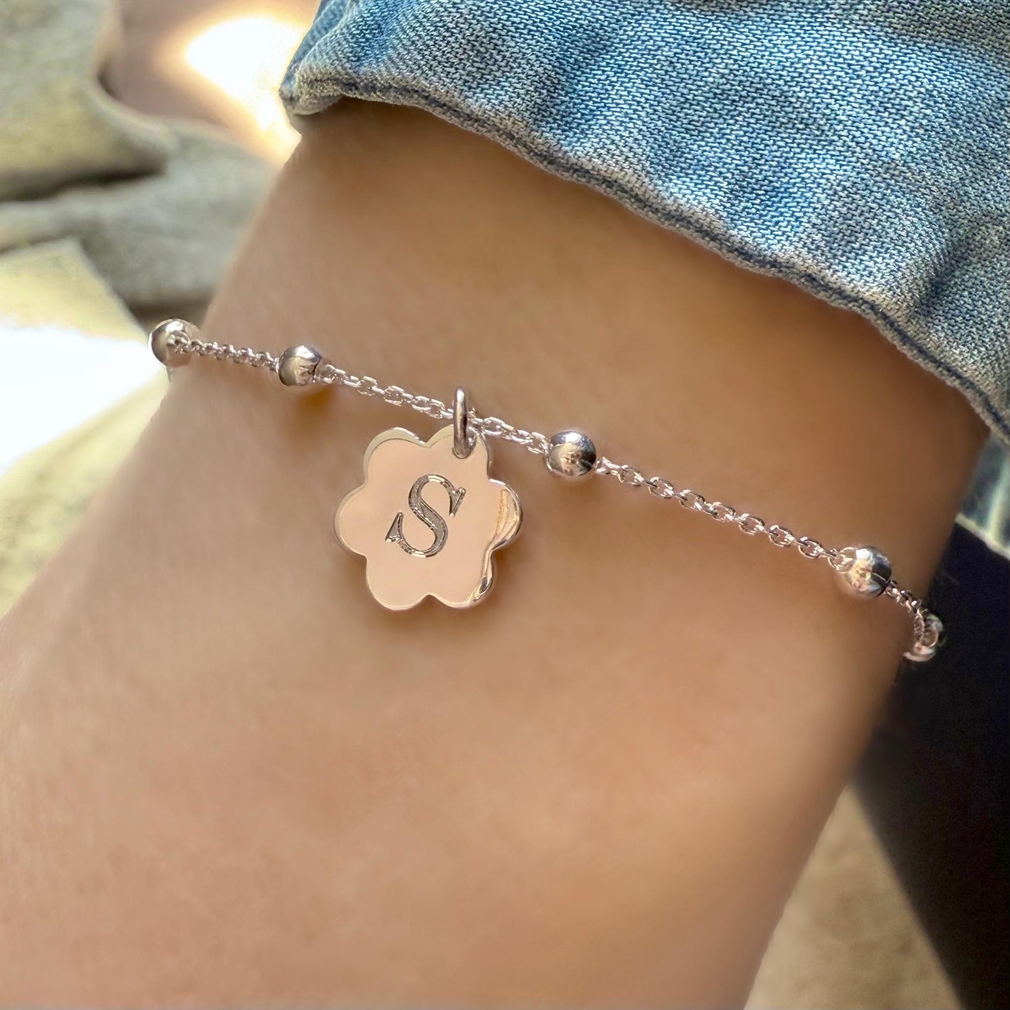 dainty initial bracelet, sterling silver, satellite chain, personalised gift, letter charm bracelet, 18th birthday, Daisy Initial SBE08