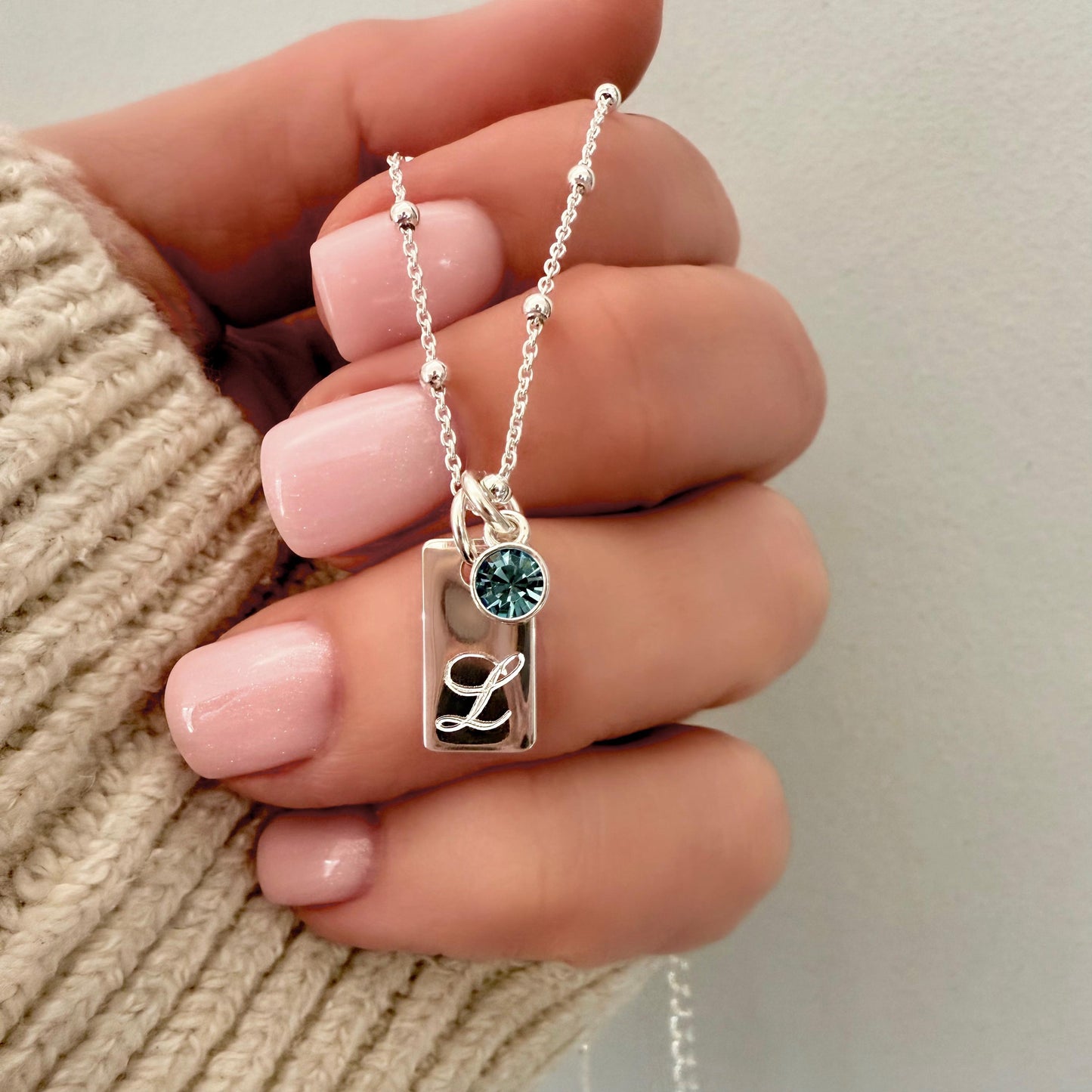 birthstone and initial necklace for her, sterling silver, engraved tag initial, monogram necklace for birthday gift, gift for mum, SNE06