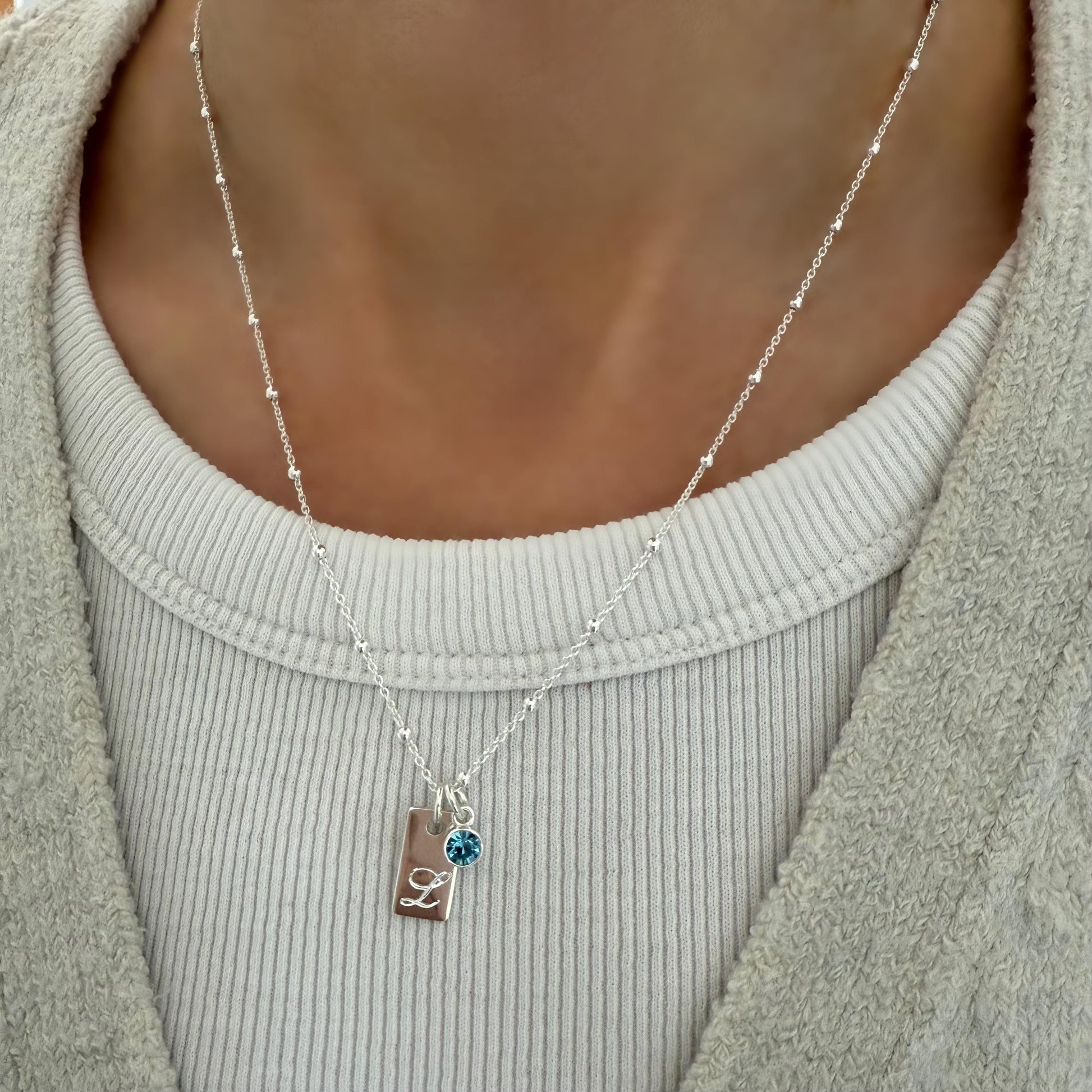 birthstone and initial necklace for her, sterling silver, engraved tag initial, monogram necklace for birthday gift, gift for mum, SNE06