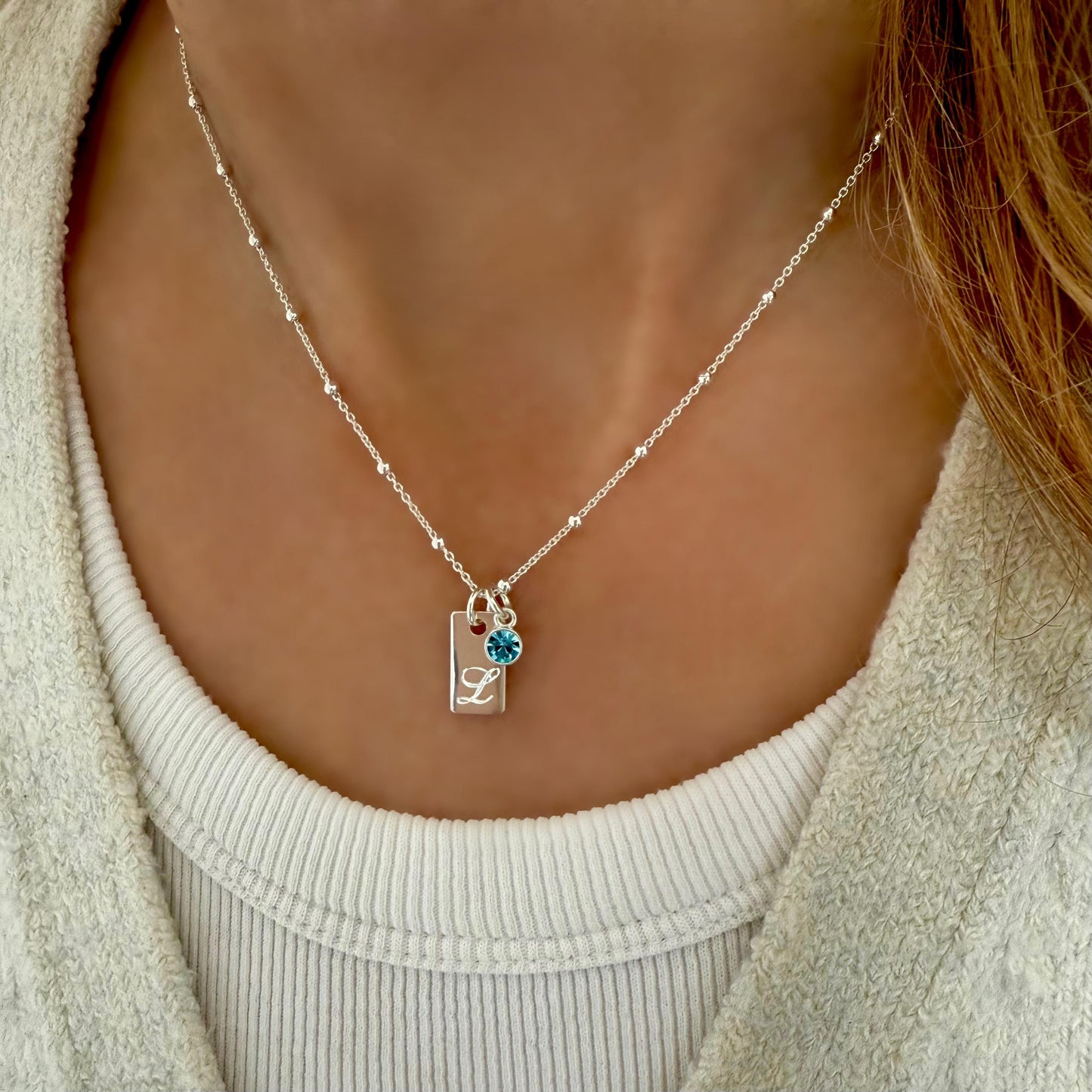 birthstone and initial necklace for her, sterling silver, engraved tag initial, monogram necklace for birthday gift, gift for mum, SNE06