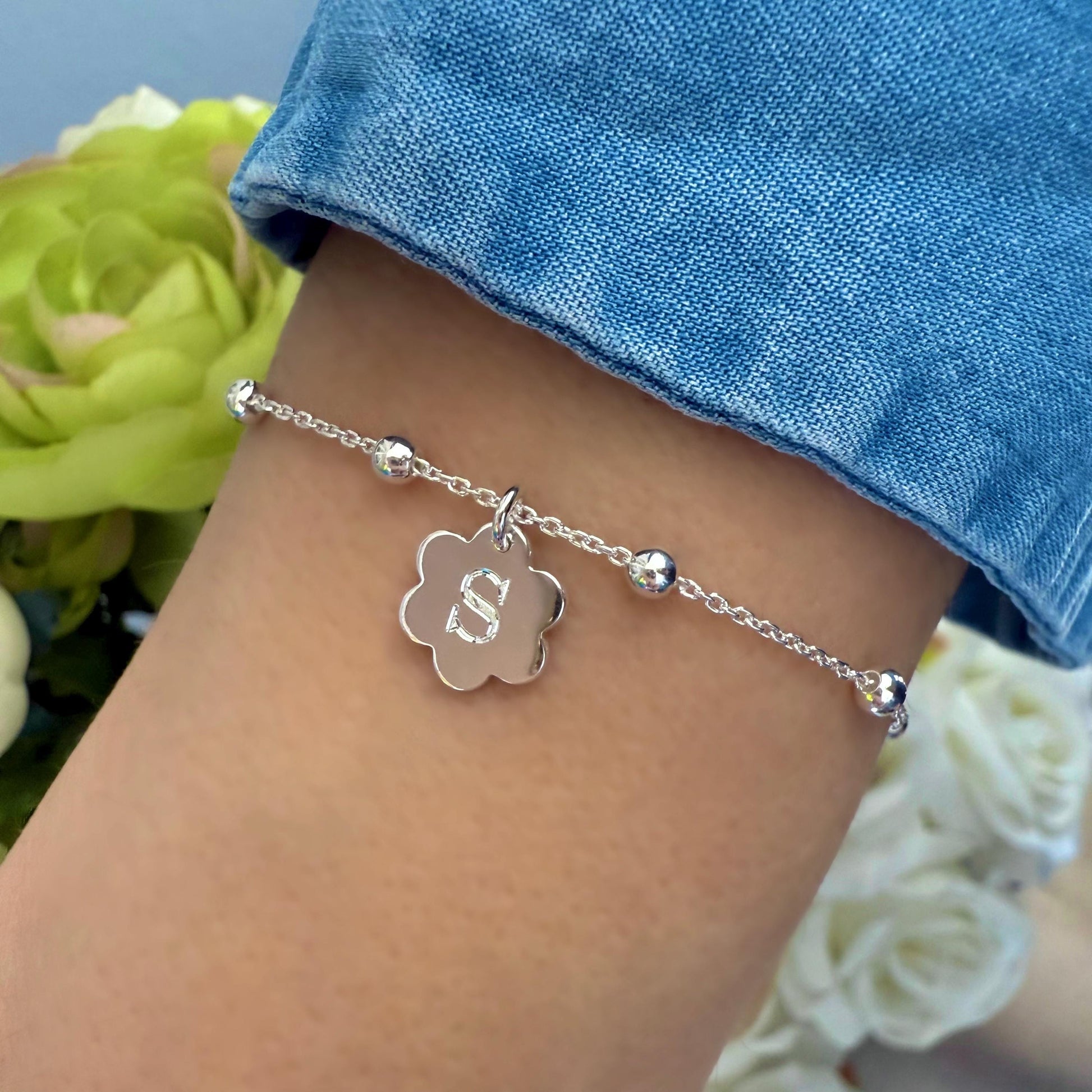 dainty initial bracelet, sterling silver, satellite chain, personalised gift, letter charm bracelet, 18th birthday, Daisy Initial SBE08