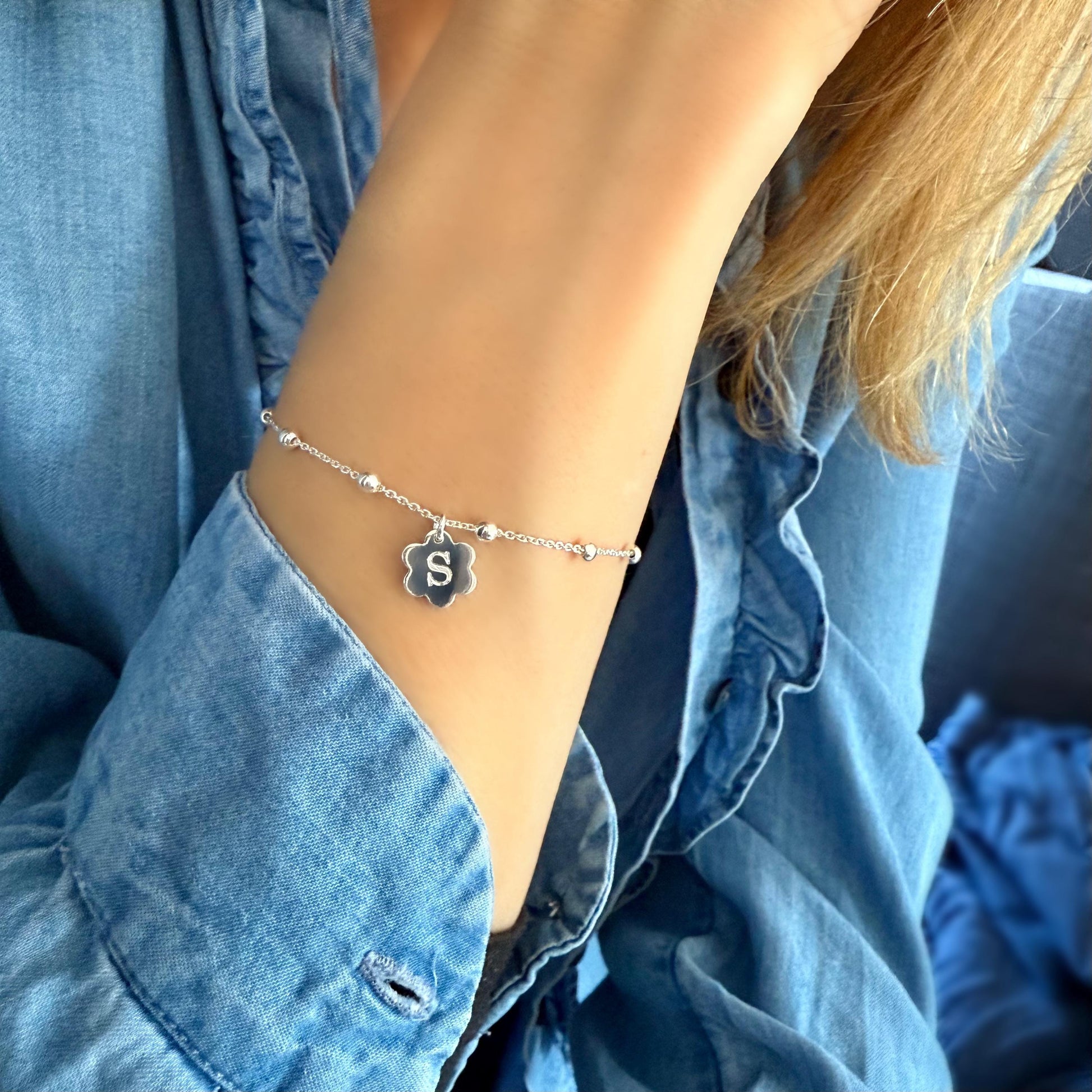 dainty initial bracelet, sterling silver, satellite chain, personalised gift, letter charm bracelet, 18th birthday, Daisy Initial SBE08