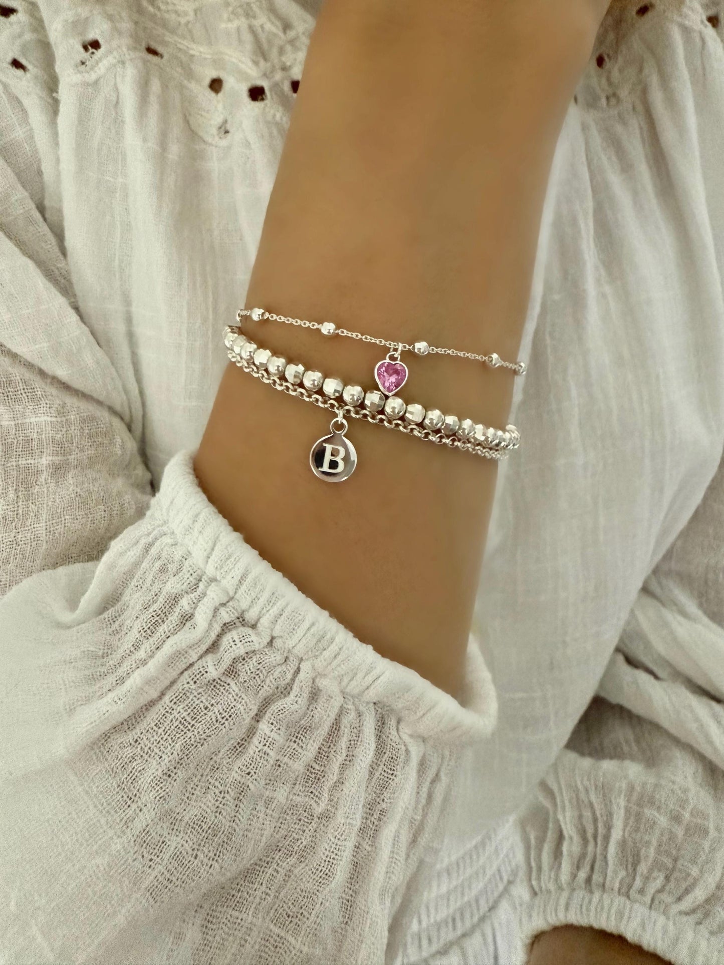 dainty birthstone heart charm bracelet, sterling silver, satellite chain, personalised gifts, everyday bracelet, gifts for her, SBM23A