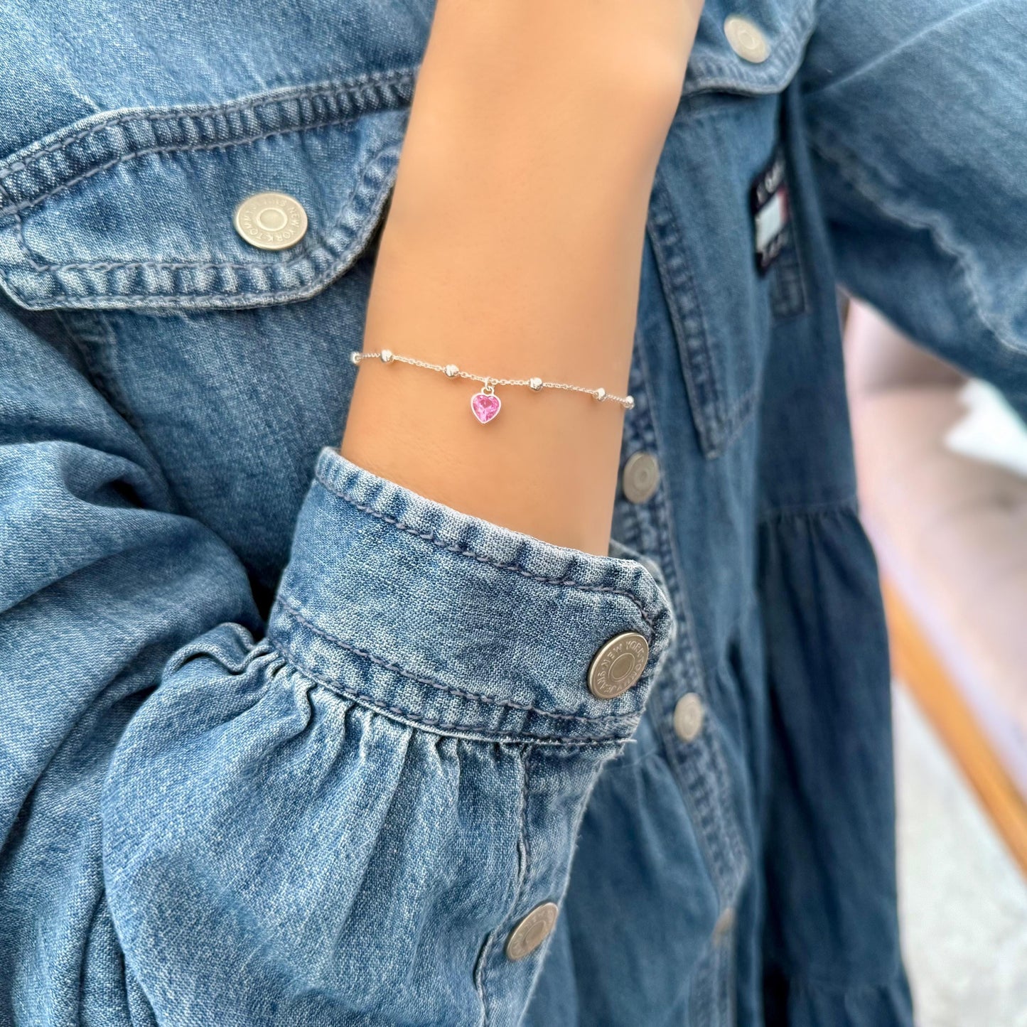 dainty birthstone heart charm bracelet, sterling silver, satellite chain, personalised gifts, everyday bracelet, gifts for her, SBM23A