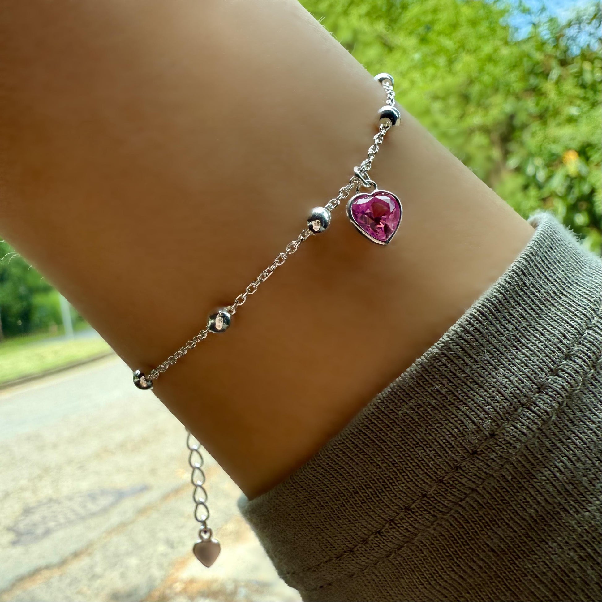 dainty birthstone heart charm bracelet, sterling silver, satellite chain, personalised gifts, everyday bracelet, gifts for her, SBM23A