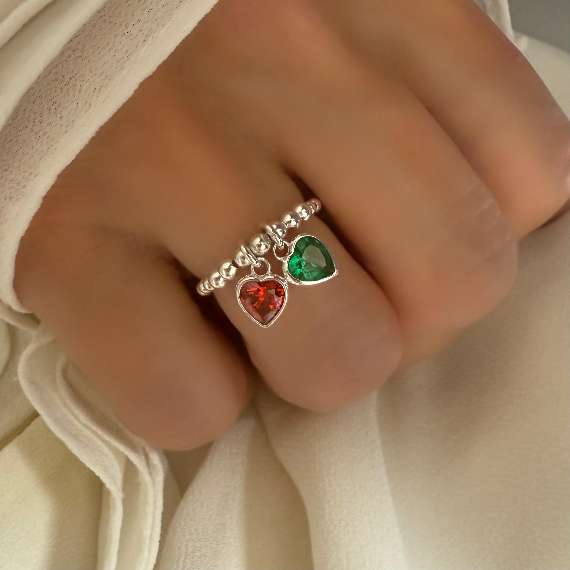 birthstone heart ring, personalised gifts, sterling silver heart charm ring, dangle ring, handmade, birthday gifts, stretchy ring, SR2501