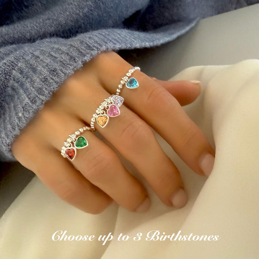 birthstone heart ring, personalised gifts, sterling silver heart charm ring, dangle ring, handmade, birthday gifts, stretchy ring, SR2501
