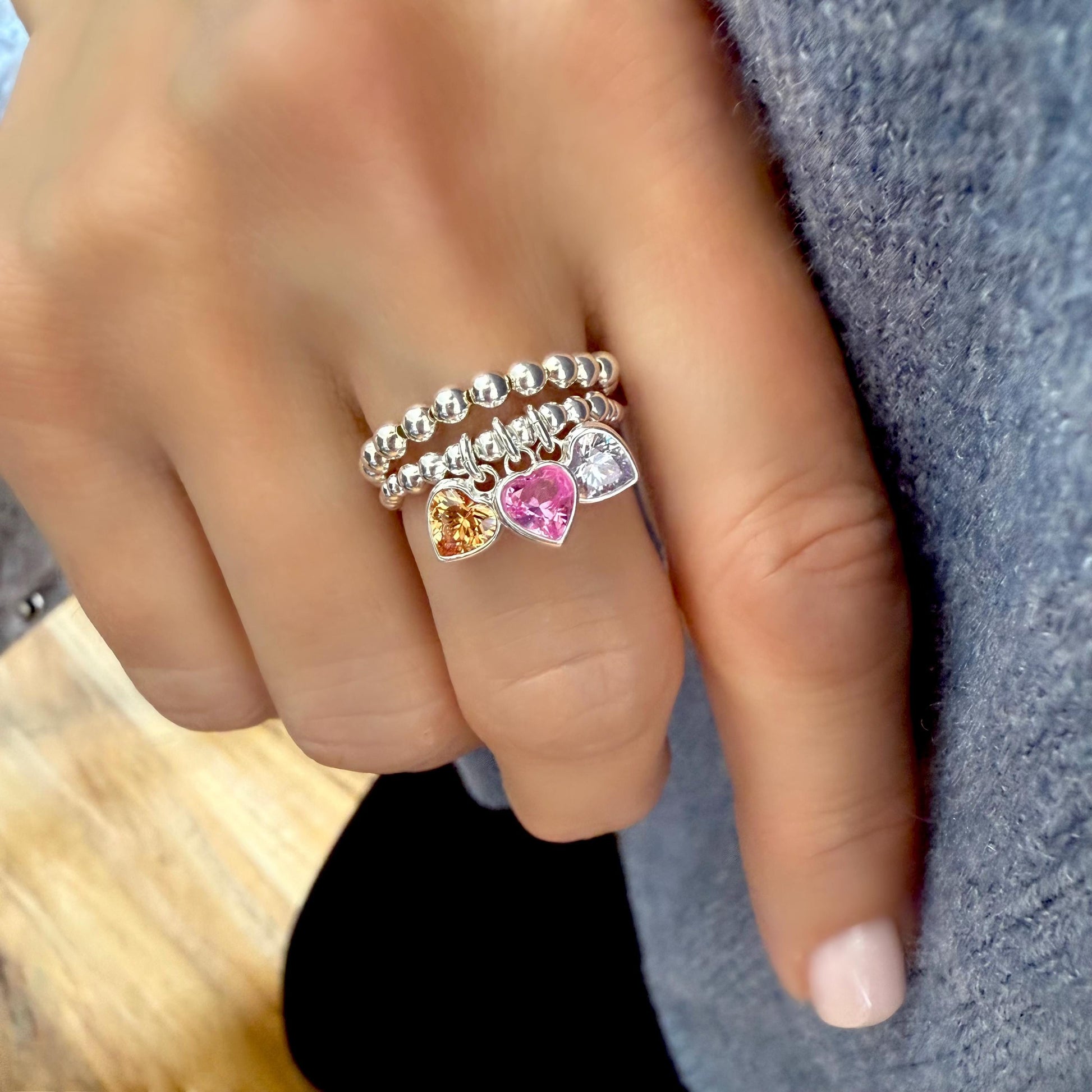 birthstone charm sterling silver ring stack, personalized rings, handmade jewellery, birthday gifts, Heart charm SR2502