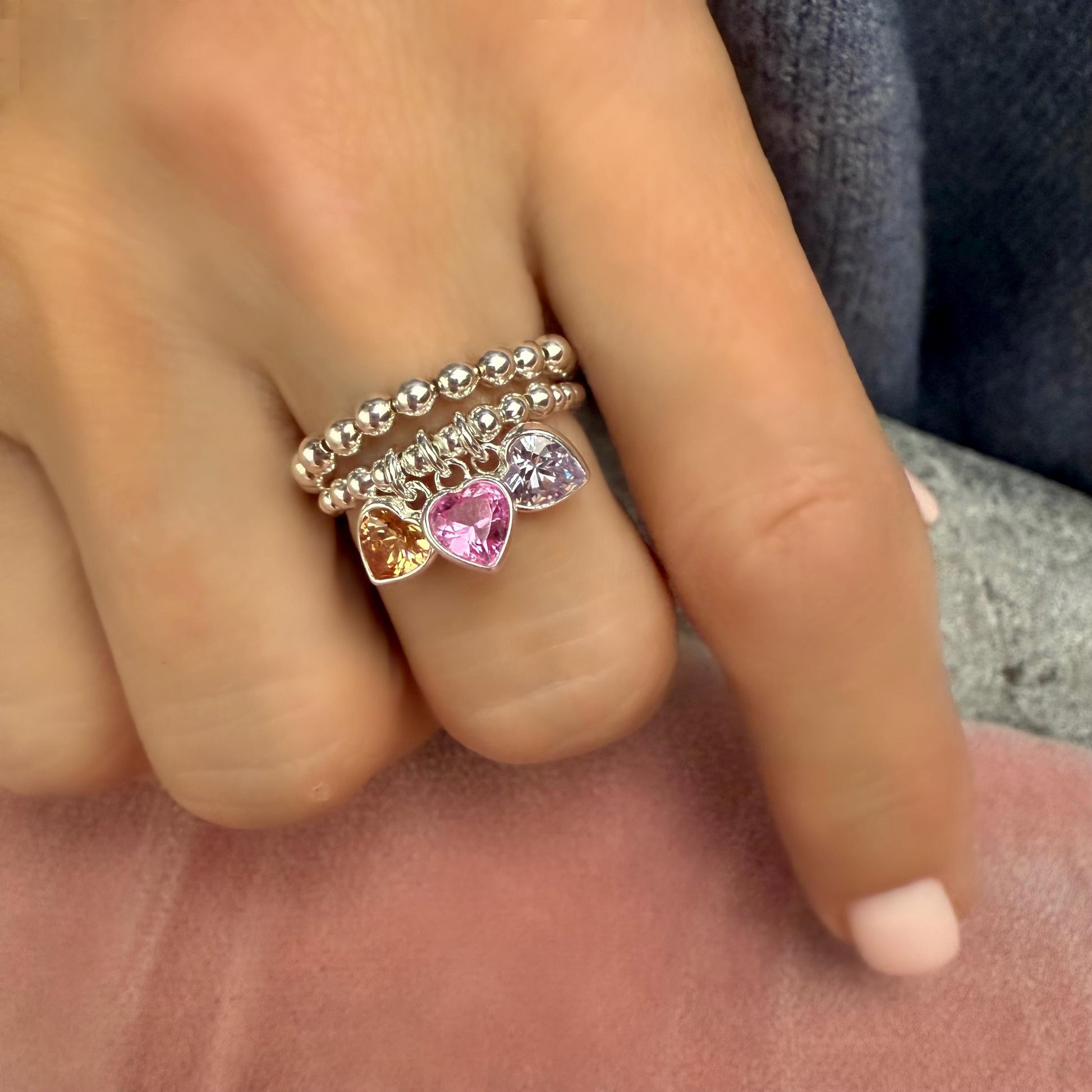 birthstone charm sterling silver ring stack, personalized rings, handmade jewellery, birthday gifts, Heart charm SR2502
