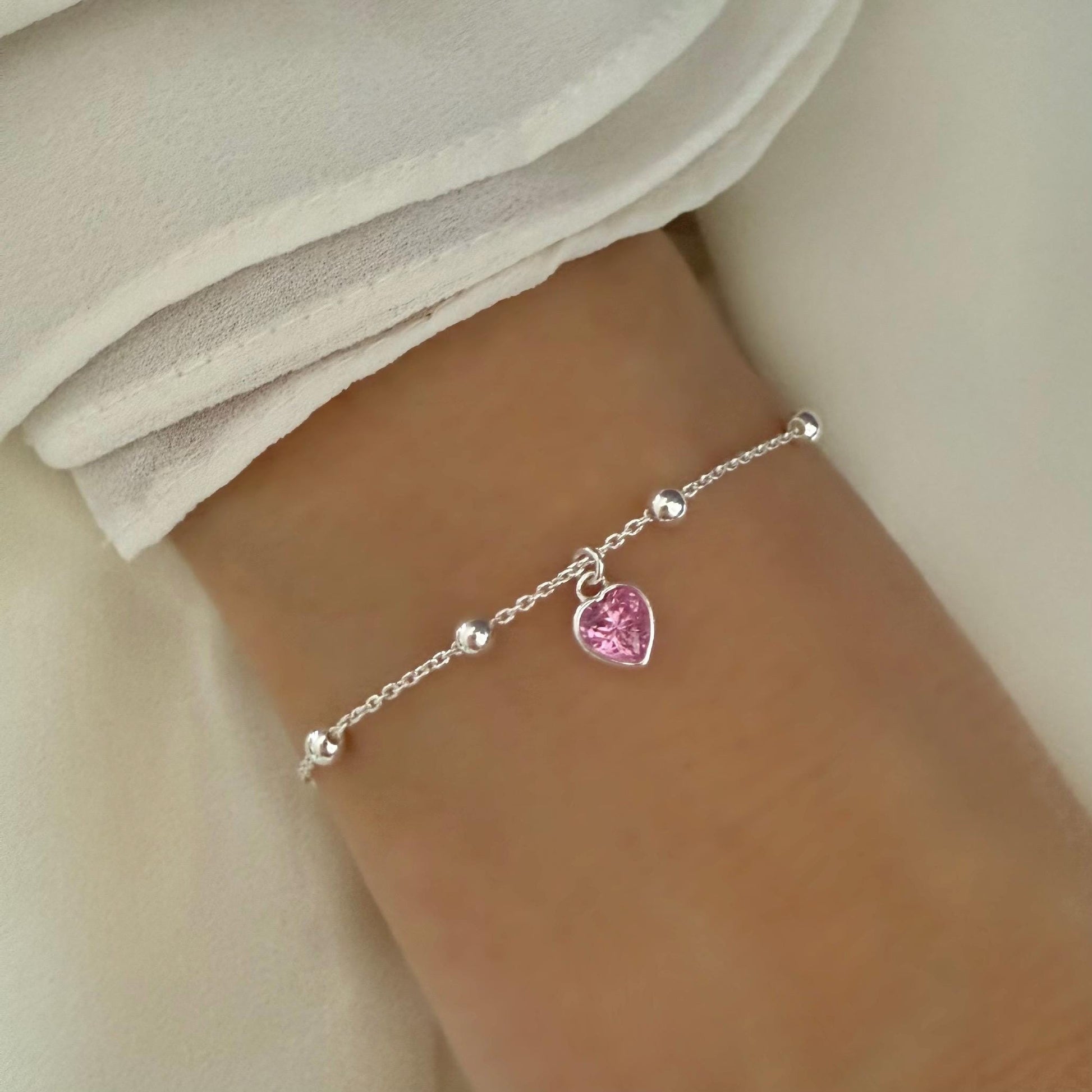 dainty birthstone heart charm bracelet, sterling silver, satellite chain, personalised gifts, everyday bracelet, gifts for her, SBM23A