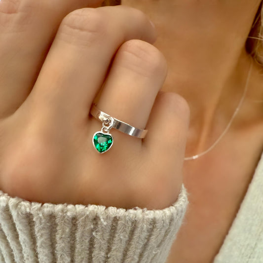 birthstone heart charm ring, sterling silver, birthday gift, silver band ring, heart ring, minimalist jewellery, dangle ring, SRM03