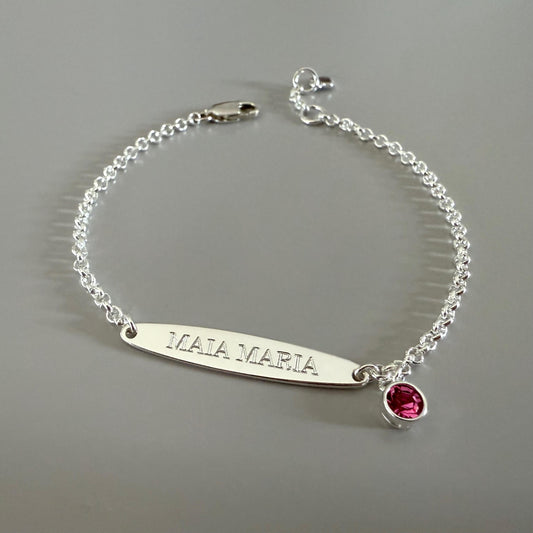 birthstone bracelet, name bar bracelet, sterling silver, engraved name plate, personalised gifts, birthday gift, gift for women, SBE12