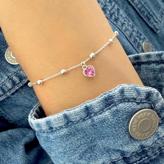 dainty birthstone heart charm bracelet, sterling silver, satellite chain, personalised gifts, everyday bracelet, gifts for her, SBM23A