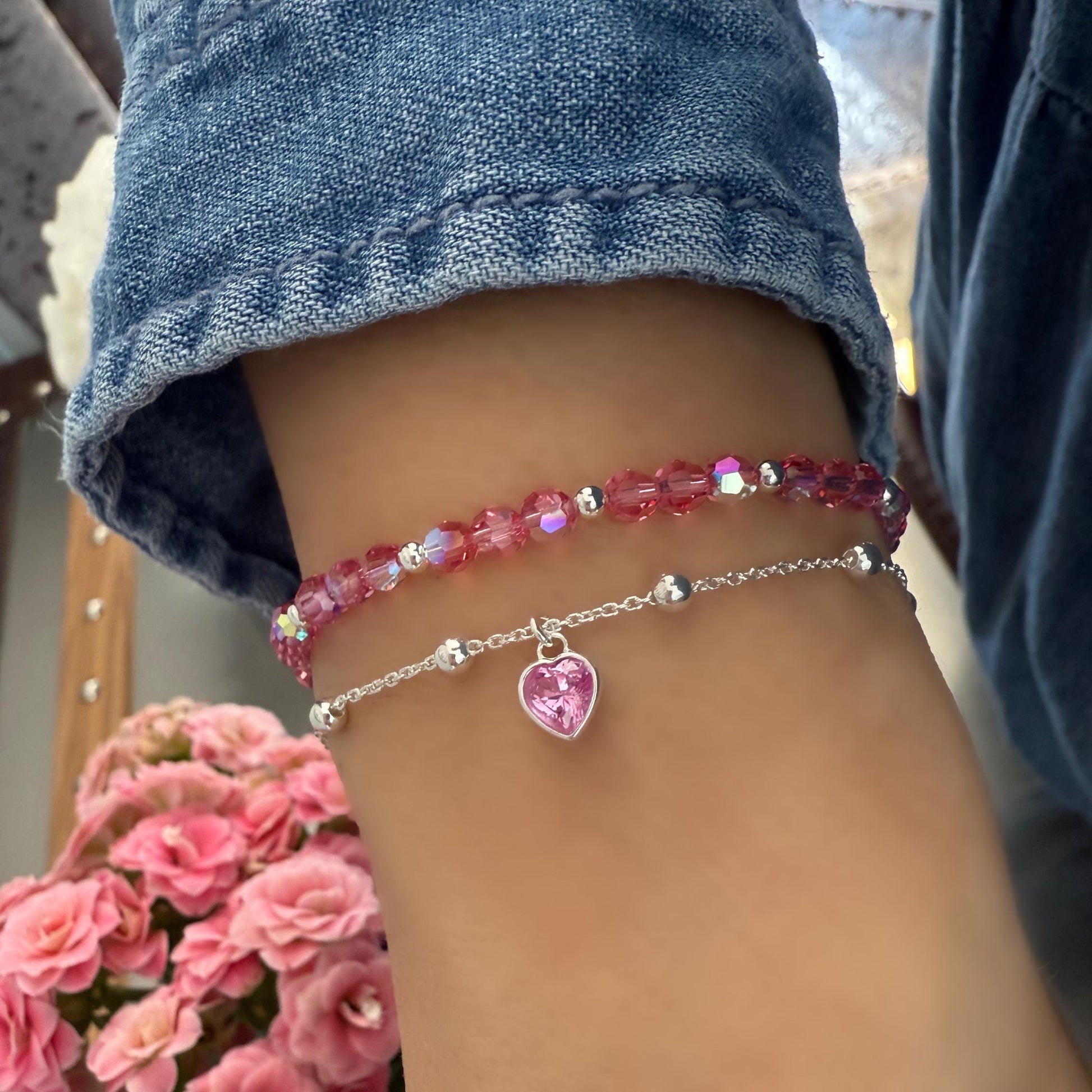 dainty birthstone heart charm bracelet, sterling silver, satellite chain, personalised gifts, everyday bracelet, gifts for her, SBM23A