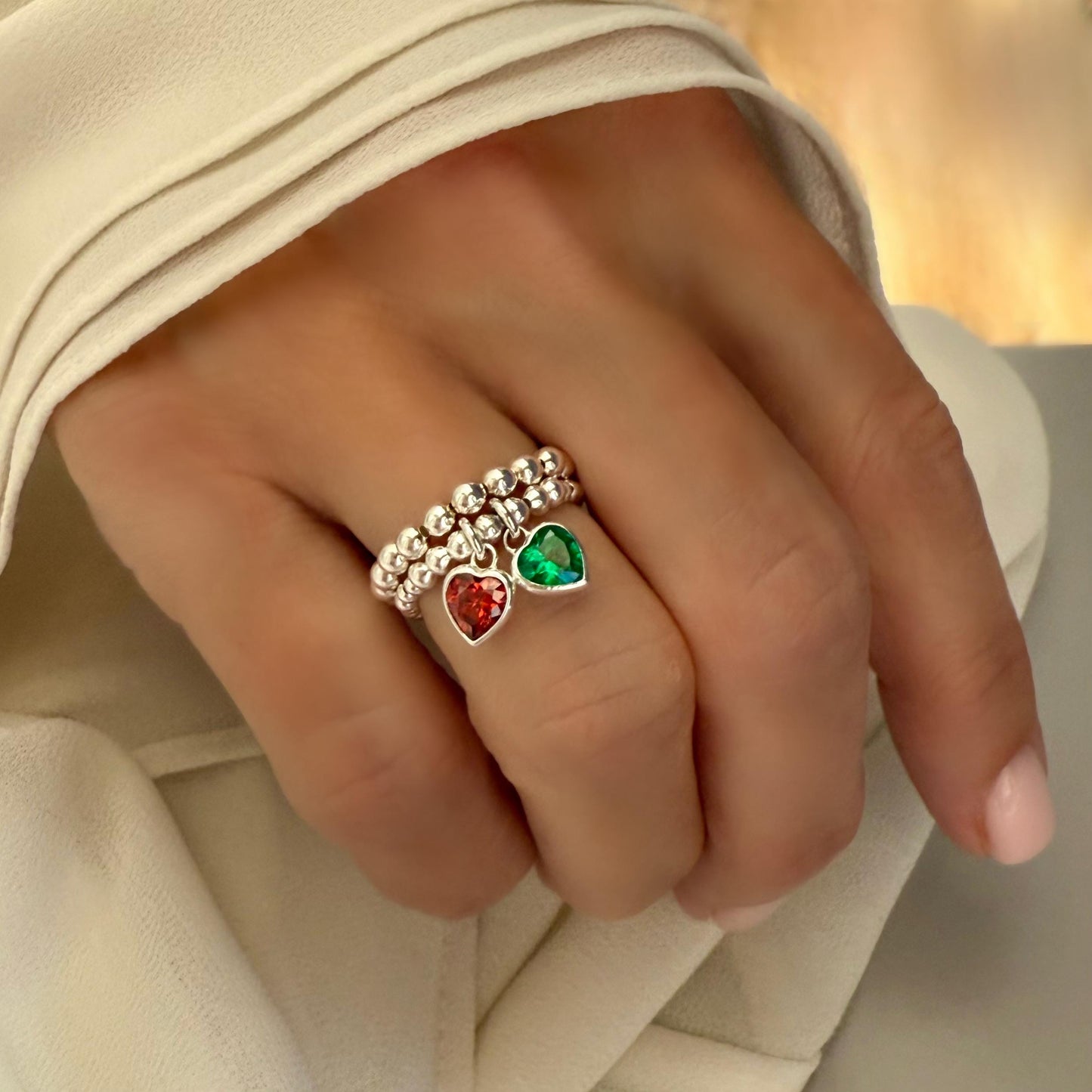 birthstone charm sterling silver ring stack, personalized rings, handmade jewellery, birthday gifts, Heart charm SR2502