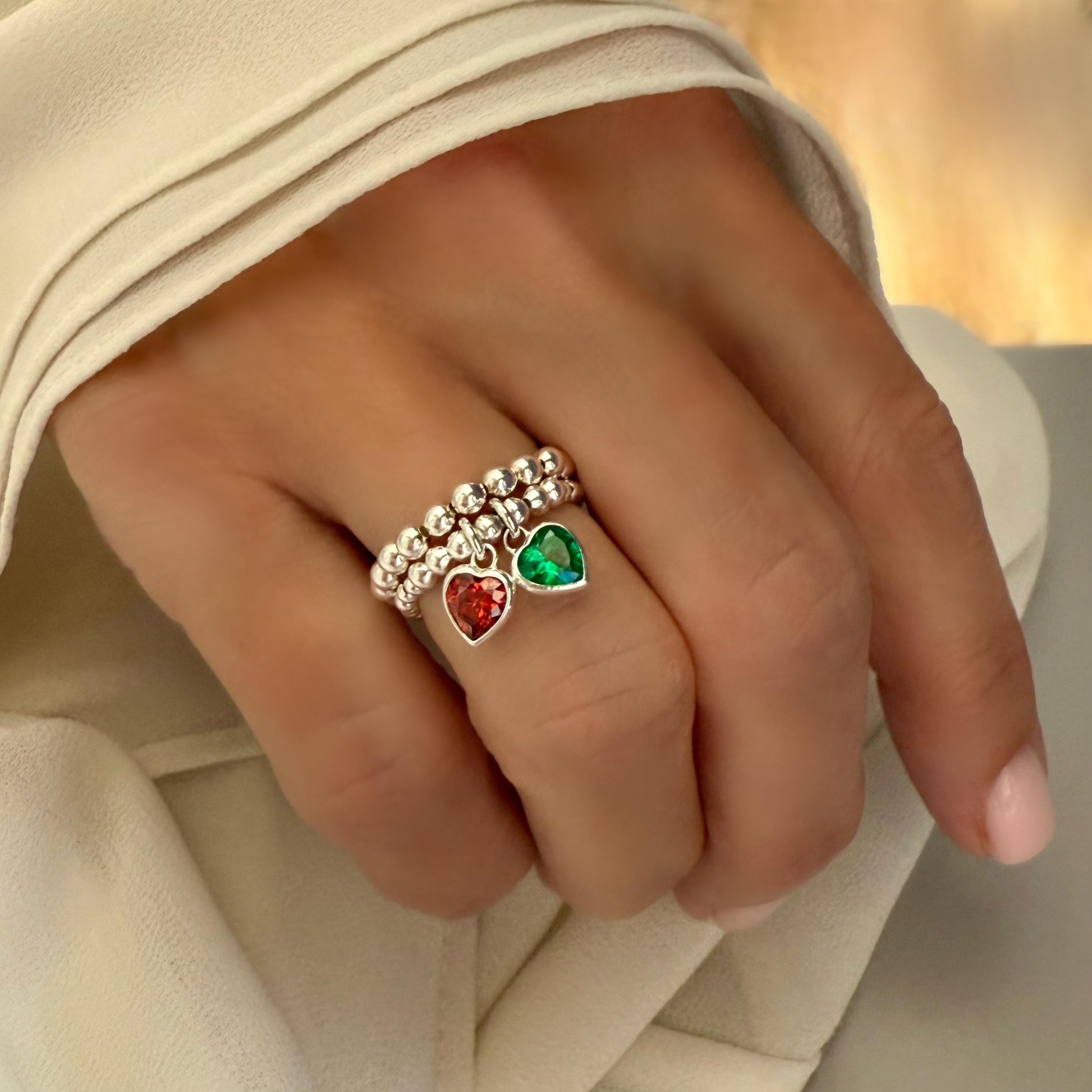 birthstone charm sterling silver ring stack, personalized rings, handmade jewellery, birthday gifts, Heart charm SR2502