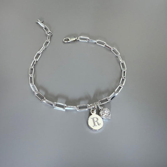 birthstone and initial sterling silver bracelet, engraved disc charm, personalised jewellery, monogram bracelet,18th birthday gift, SB2504