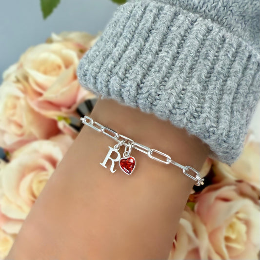 birthstone heart and initial sterling silver bracelet, personalised jewellery, monogram bracelet,18th birthday gift, keepsake, SB2506